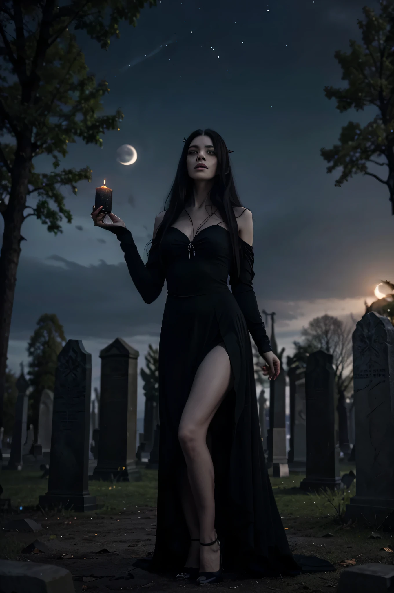 Create an image of a demonic witch floating in a dark cemetery in Sweden. The witch is tall and slender, with pale and long skin, Cabelo preto. Your eyes are red with hate, and your mouth is twisted into a cruel smile. She is wearing a black cape that billows behind her as she floats in the air.. The cemetery is full of ancient tombstones and gnarled trees. A full moon is in the sky, and the stars are shining brightly. The witch is surrounded by a dark aura of evil. she is casting a spell, and her magic is making the tombstones shake and the trees sway.