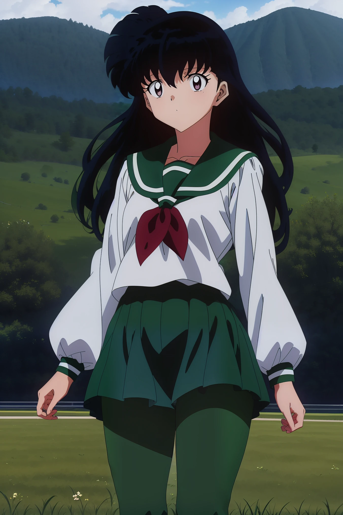 (Masterpiece: 1.6, Best Quality), (Fine Beautiful Eyes: 1.2), (best quality, masterpiece, highres), kagome higurashi, 1girl, solo, green school uniform, soft thighs , long sleeves, white socks, scenery , Best Quality, ((anime)) ((Colored)) HD, ,Standing, Green skirt, Red scarf, long  hair, Black hair between the eyes, Thighs are soft, school background , green pantyhose