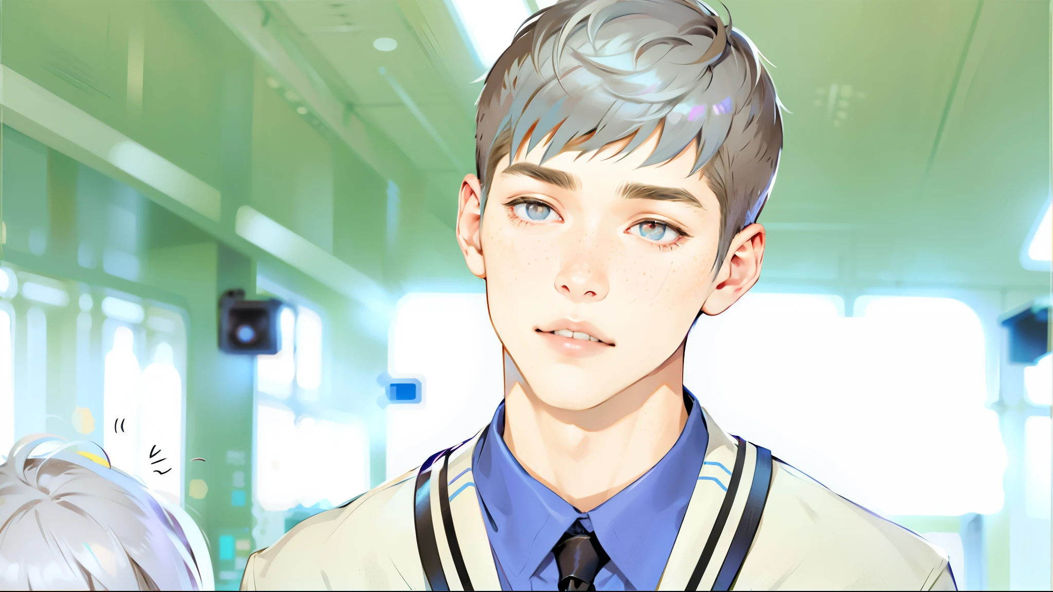There is a handsome young man of , he is at school, he is talking to someone, he has silver hair, silver eyes, his shirt is blue and his jacket is brown.