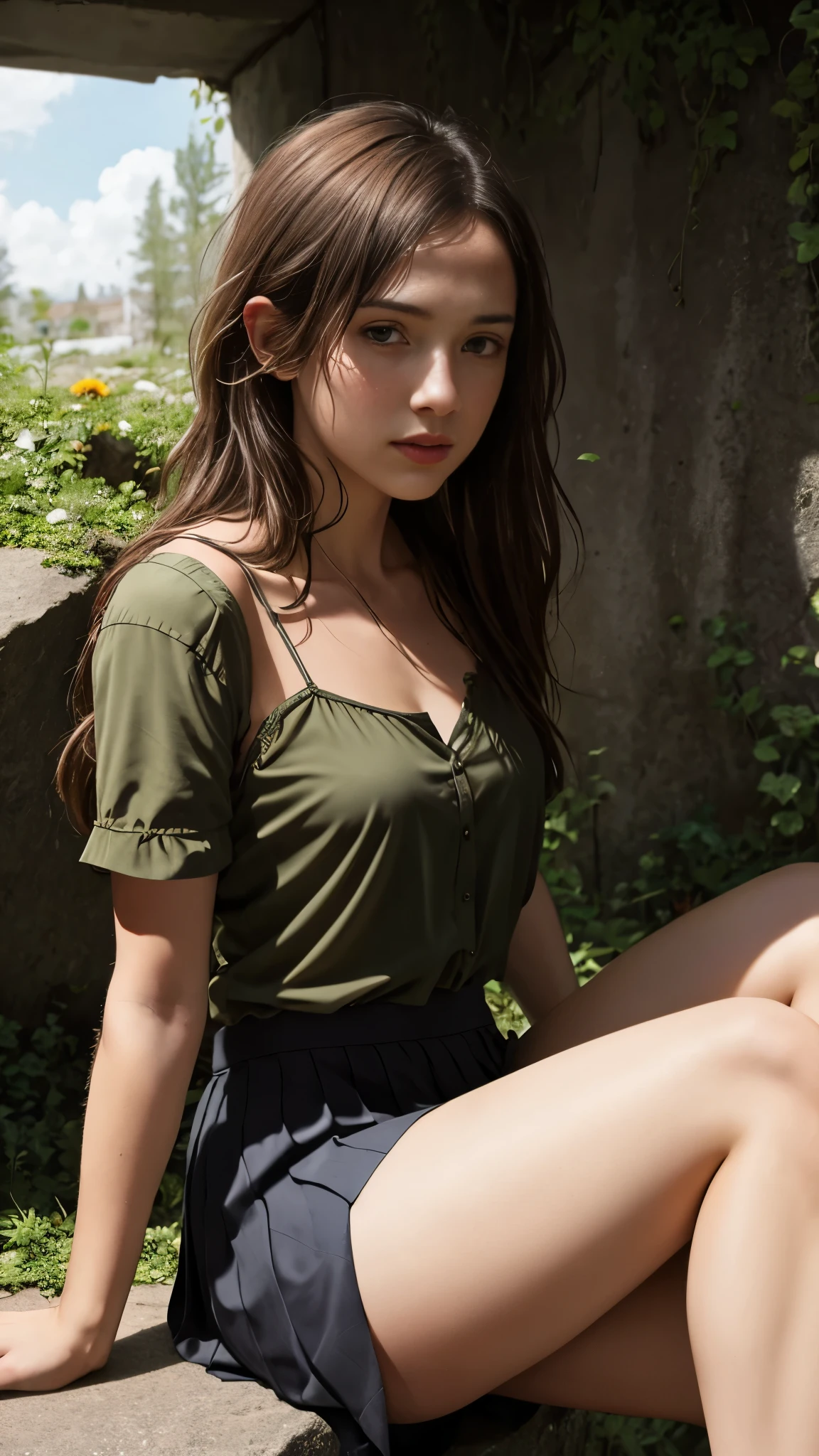 Ellie de The last of us, , long hair: 1.3, spaghetti strap blouse, pleated skirt, pantyhose, small breasts, light skin, sitting on a stone, photorealistic