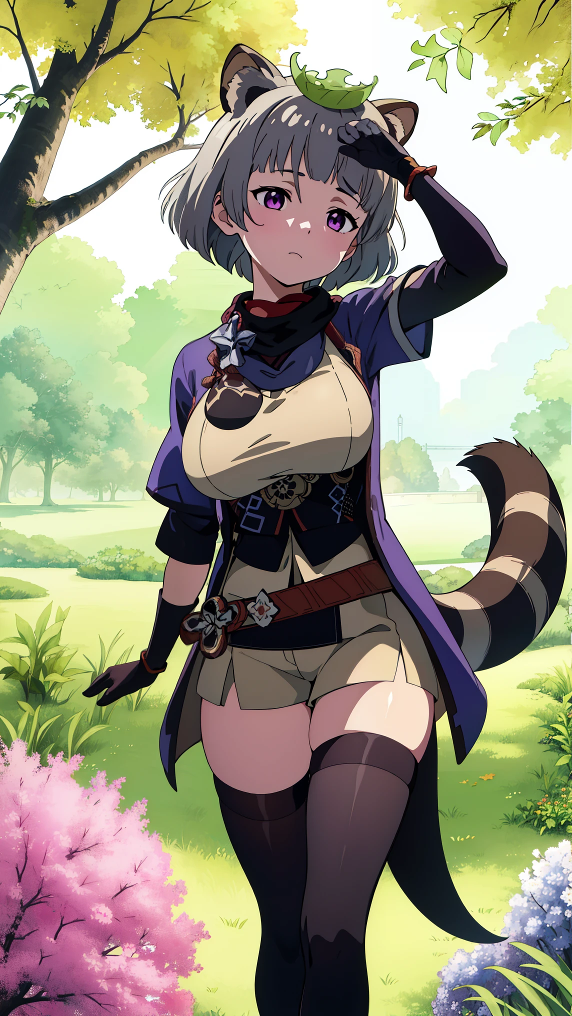 girl, solo, full body, from head to toe, standing, (Huge_Breasts:1.3), ((hand on breast:1.3)),

sayu_genshin, bangs, short_hair, leaf, animal_ears, blunt_bangs, leaf_on_head, raccoon_ears, fake_animal_ears, purple_eyes, grey_hair, raccoon_tail, tail, fake_tail

, official art, extremely detailed CG unity 8k wallpaper, perfect lighting, Colorful, (best_quality:1.0), ultra high res,4K, ultra-detailed, 8K, HDR, high resolution,  absurdres:1.2, film grain, blurry background, (vibrant_color:1.2), (beautiful_face:1.5), (narrow waist),