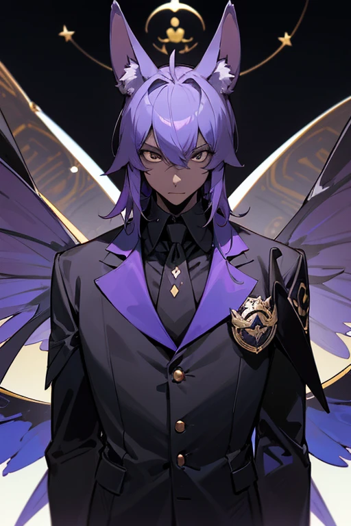 cartoon, man, boy, anubis species, scarab beetle, scarab antennas, wings, kemonomimi, (highest picture quality), masterpiece, best quality, extremely detailed CG wallpaper, ultra_detailed, black eyes, 1man, solo, tall, short_uncommon_hairstyle, masterpiece, best quality, black and purple, suit, grey skin color,