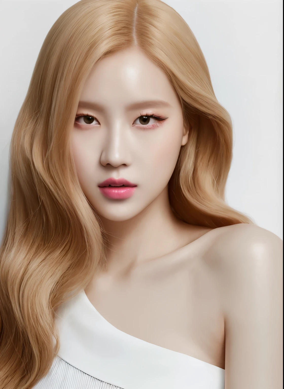 a close up of a woman with long blonde hair and a white dress, portrait of jossi of blackpink, portrait jisoo blackpink, portrait of female korean idol, portrait of kpop idol, jossi of blackpink, render of april, roseanne park of blackpink, jia, inspired by Yanjun Cheng, glossy digital painting, jisoo from blackpink, wlop glossy skin, porcelain skin tone