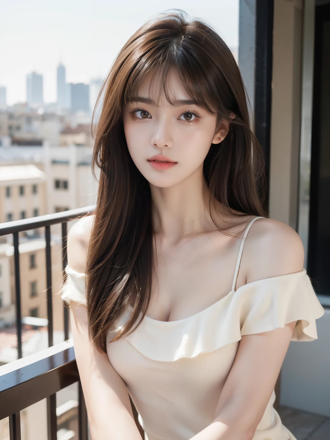 (masterpiece, ultra detailed, hyper detailed, exquisite, 16K, absurdres), woman, 19years old, glamorous, (No-makeup look:1.4), looking at viewer, medium hair, messy hair, diagonal bangs, brown hair, brown eyes, upper body, cinematic lighting, in focus with blurred background, balcony