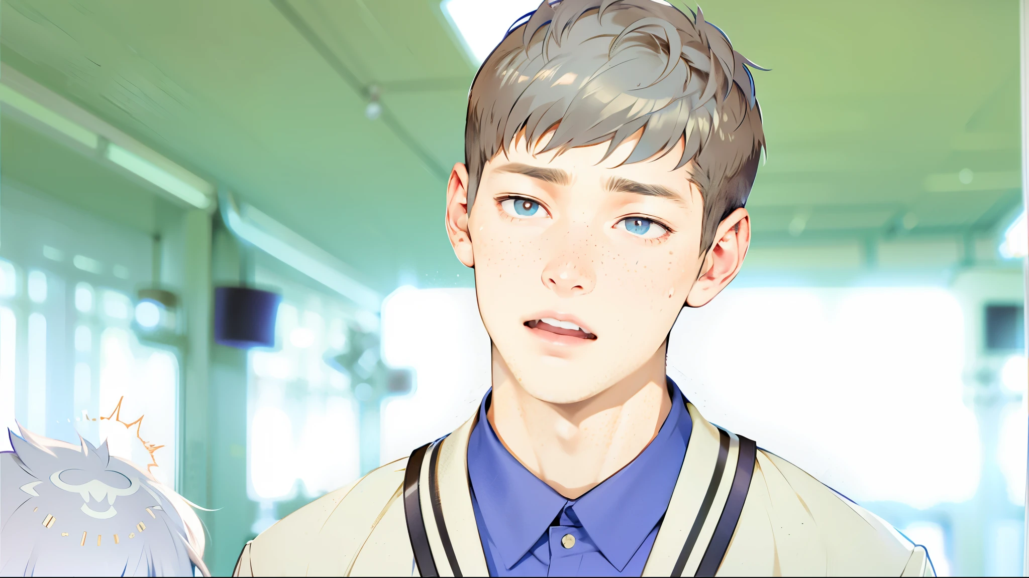 There is a handsome 16-year-old boy who is yelling at someone. He is upset at school. He is talking to someone. He has silver hair. He has silver eyes. His shirt is blue and his jacket is brown.