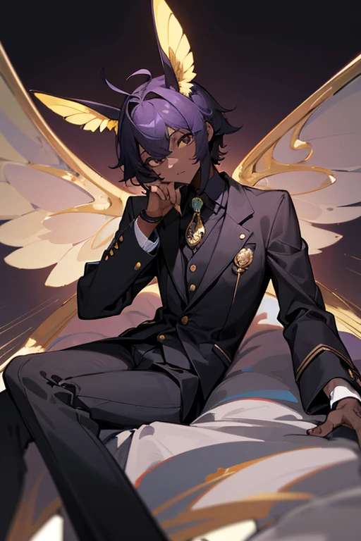 cartoon, man, boy, anubis species, scarab beetle, scarab antennas, wings, kemonomimi, (highest picture quality), masterpiece, best quality, extremely detailed CG wallpaper, ultra_detailed, black eyes, 1man, solo, tall, short_uncommon_hairstyle, masterpiece, best quality, black and purple, suit, grey skin color,