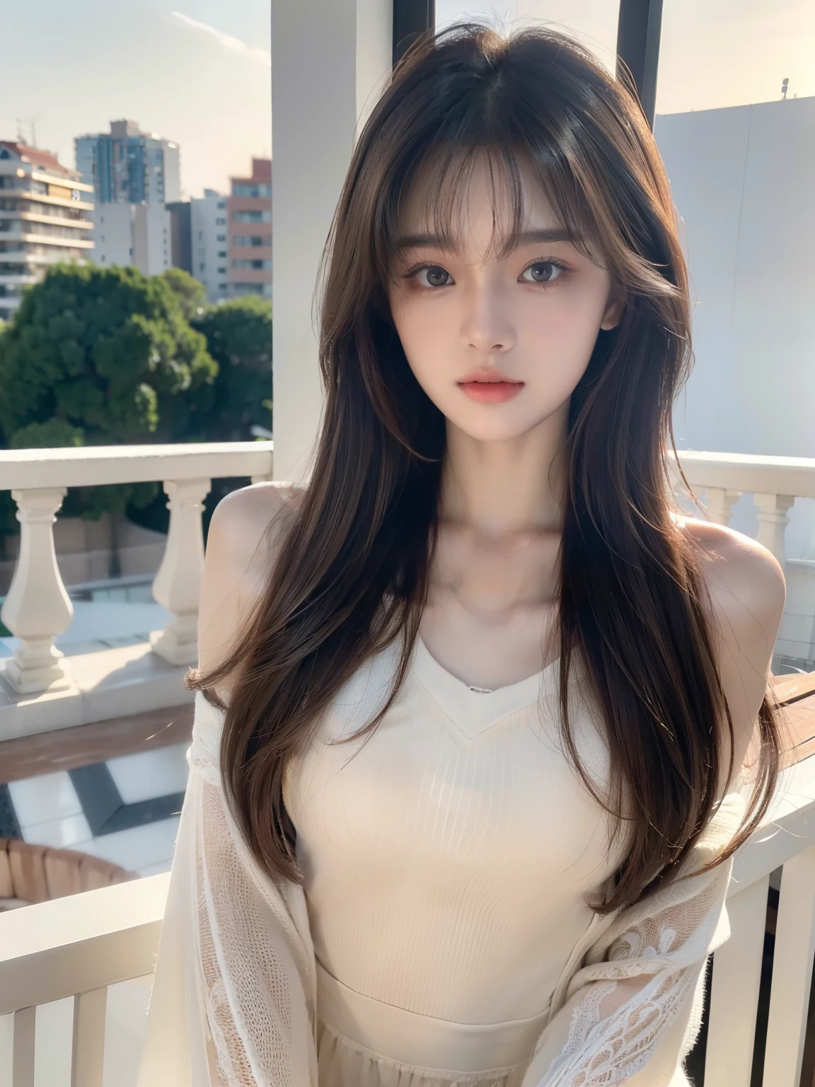 (masterpiece, ultra detailed, hyper detailed, exquisite, 16K, absurdres), woman, 19years old, glamorous, (No-makeup look:1.4), looking at viewer, medium hair, messy hair, diagonal bangs, brown hair, brown eyes, upper body, cinematic lighting, in focus with blurred background, balcony
