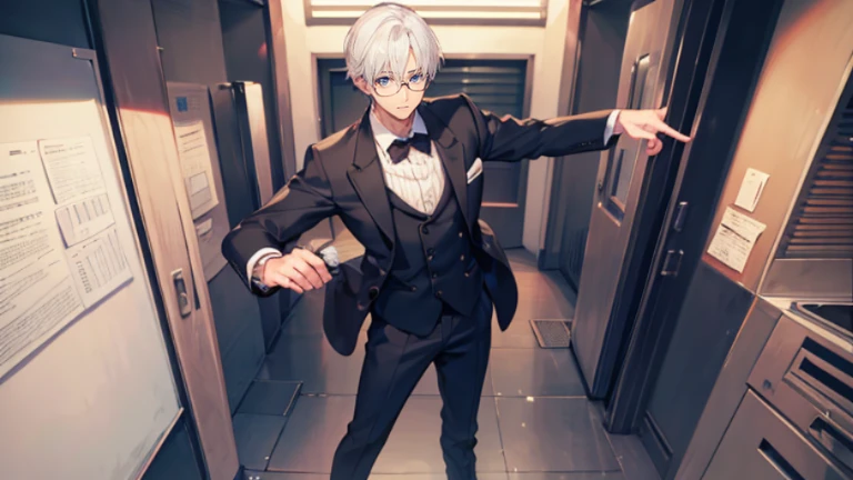with short white hair，Handsome boy，black-frame glasses，Handsome face，brown suit，A full body，One-handed glasses,blue eyes