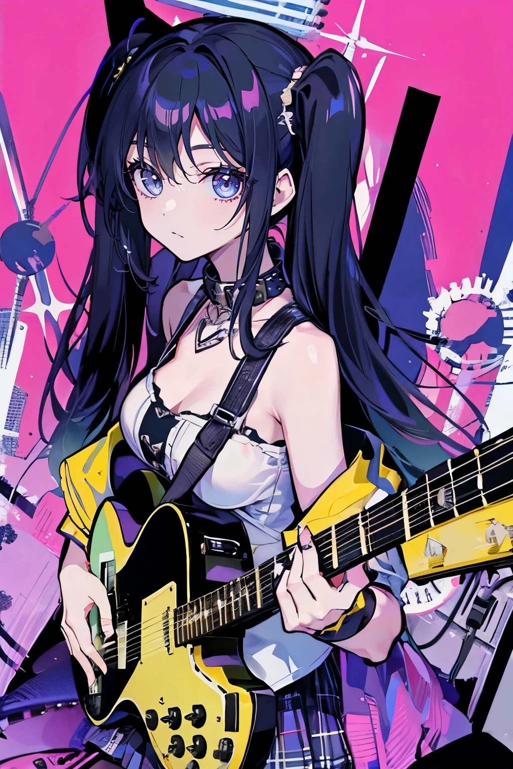 a young woman posing next to a guitar wearing gothic outfits, instrument, twintails, guitar, skirt, black hair, collar, plaid skirt, electric guitar, shirt