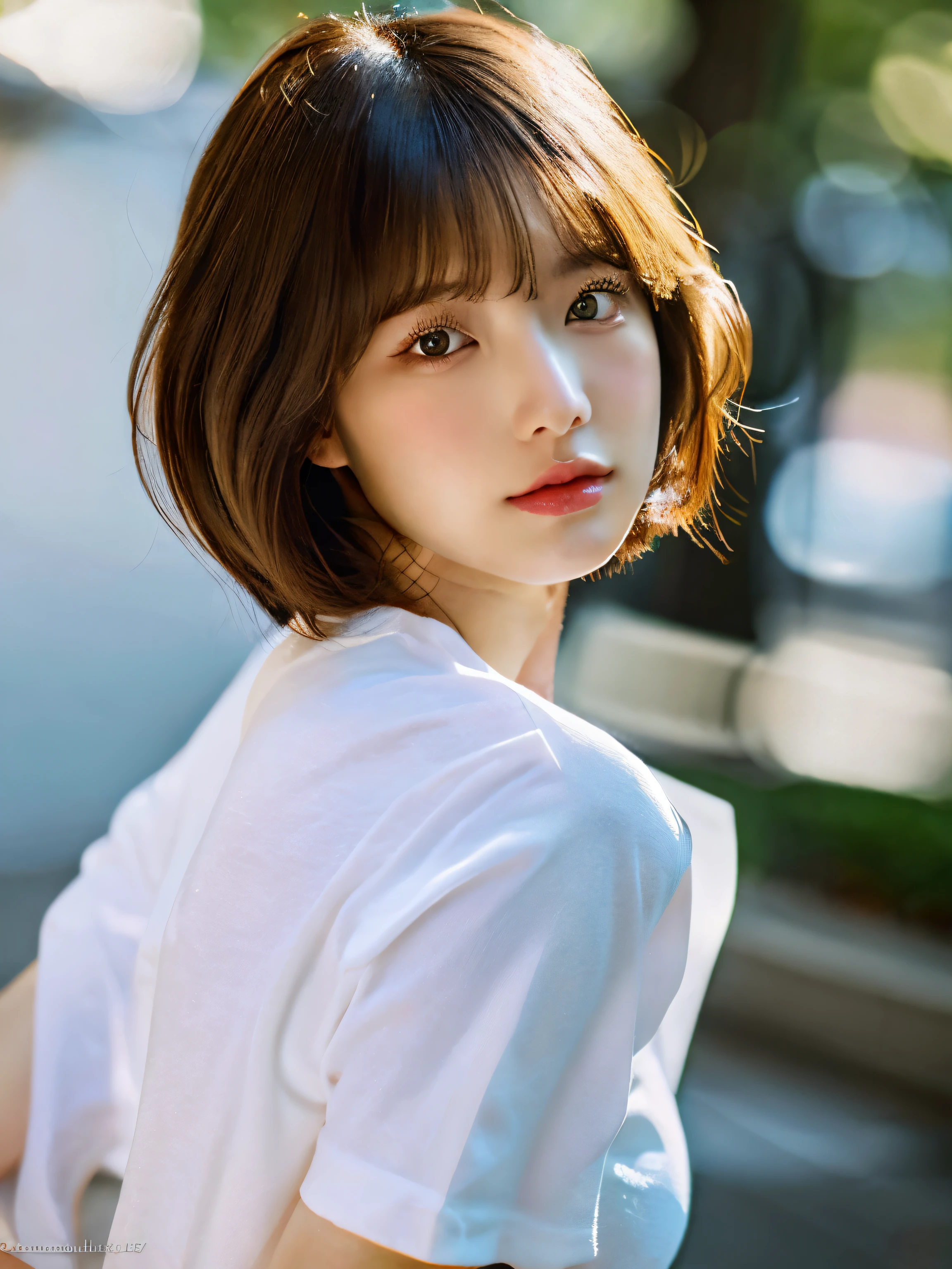 masterpiece, highest quality, figure, Super fine, be familiar with, High resolution, 8k wallpaper, 完璧なダイナミックな構figure, Beautiful eyes in every detail, She is a Playboy model, natural lips, wearing a white T-shirt, big breasts, short bob hair, sculpture installation