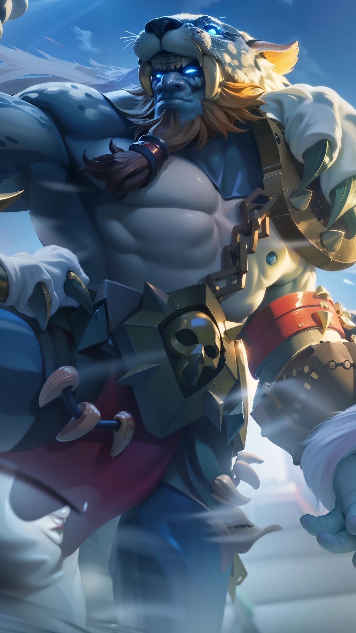 masculine male, masterpiece, ((perfect eyes)) best quality, (semirealism:1.9), beautiful lighting, (extremely detailed CG unity 4k fhd wallpaper), High Detail, Sharp focus, dramatic outdoors,40 years old, brown short hair, blue eyes, smile, Boy with two big horns, big earrings on ears, elf ear, red eyes, Thick eyebrows, evil smile, grinning,red body, red face, Burning skin, yellow diamonds glistening on chest, burning red skin,golden robe behind, big white belt , 8k , realistic, scary.