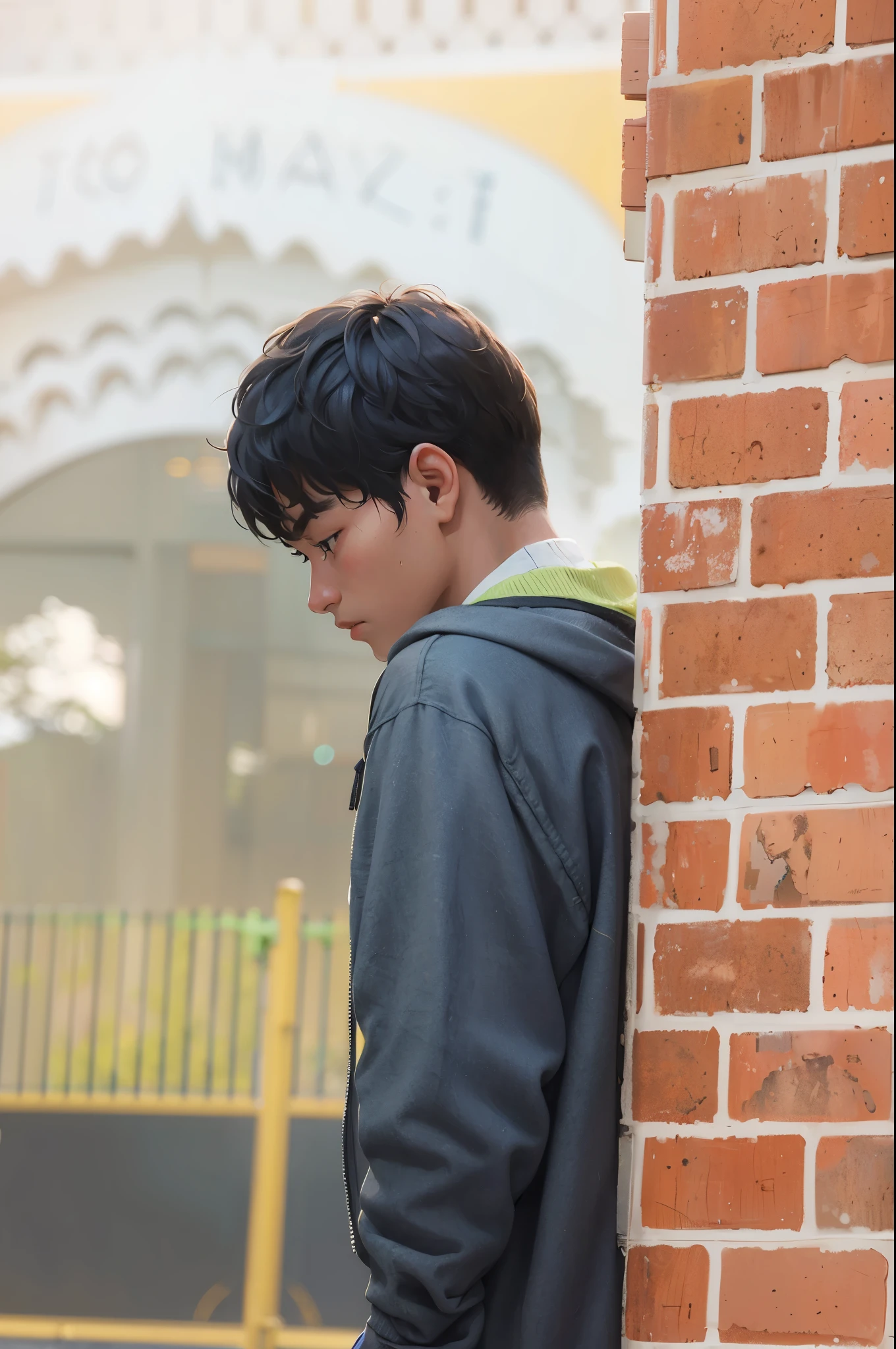there is a young guy leaning against a brick wall using a cell phone, (20 year old guy), candid picture, candid, candid shot, candid photo, candid photograph, with a sad expression, serious focussed look, sad man, sad scene, person in foreground, waiting behind a wall, candid portrait, over his shoulder, looking sad, deep in thought, sad look, with his back turned