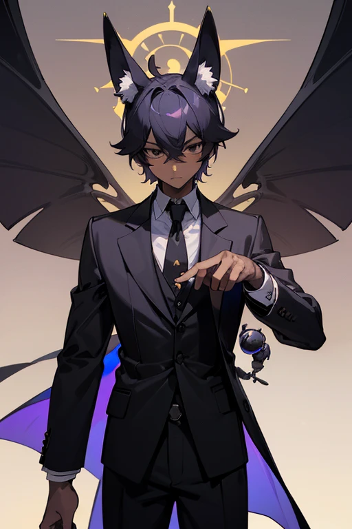 cartoon, man, boy, anubis species, scarab beetle, scarab antennas, wings, kemonomimi, (highest picture quality), masterpiece, best quality, extremely detailed CG wallpaper, ultra_detailed, black eyes, 1man, solo, tall, short_uncommon_hairstyle, masterpiece, best quality, black and purple, suit, grey skin color,