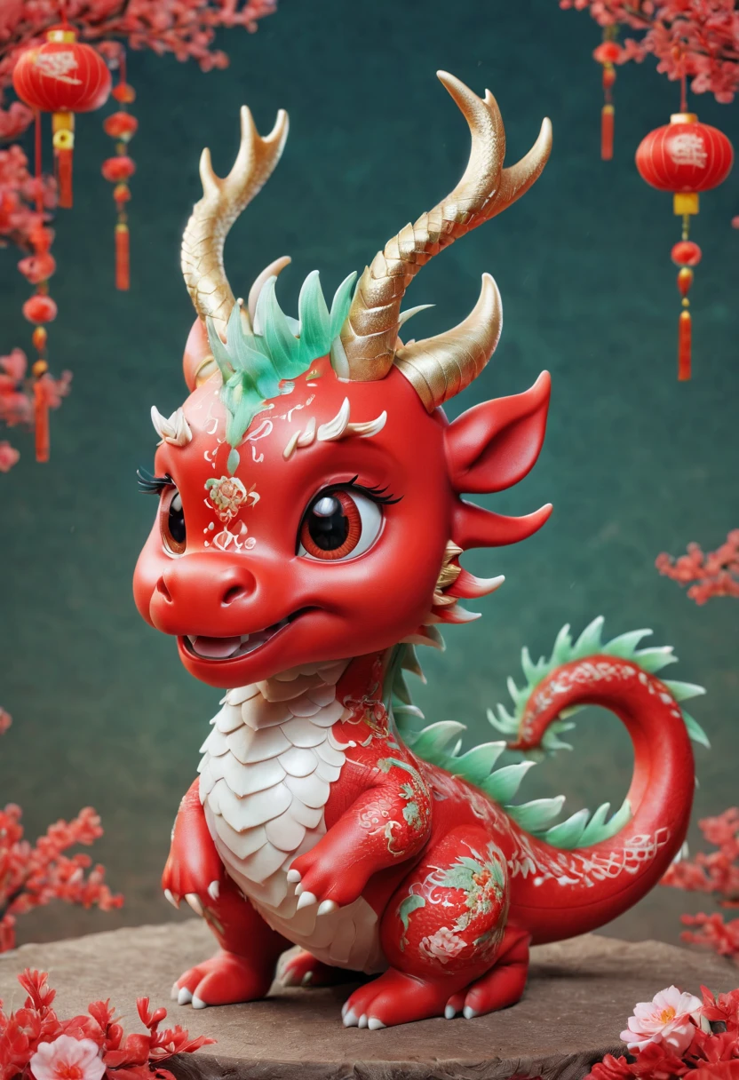 Chinese dragon,Q version,Cute little dragon,Red space,festive atmosphere,Spring Festival,Lovely antlers,Chinese elements,Cartoon,Cute pet,Lively