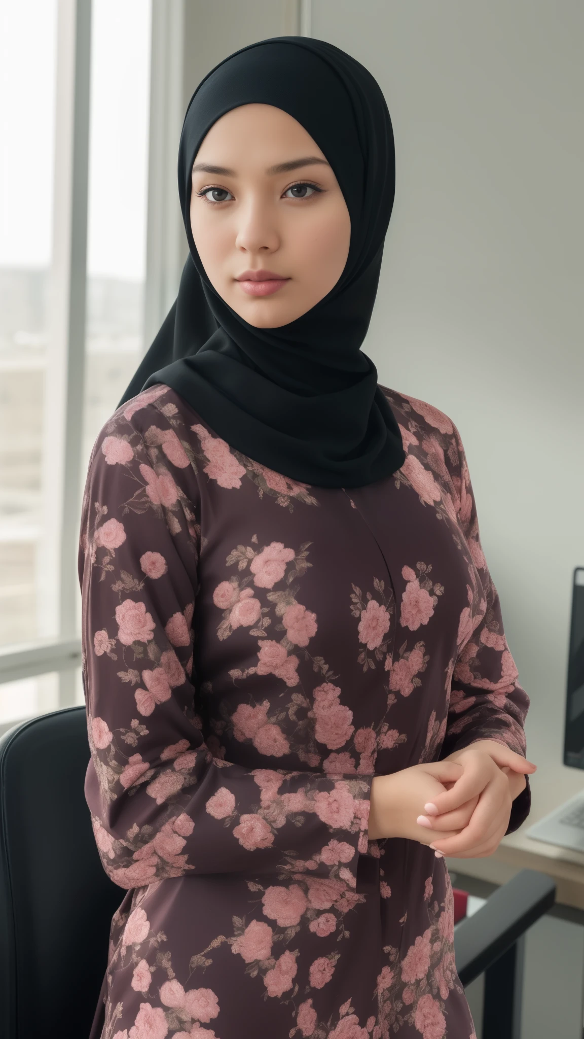 a 20 years old malay women in hijab wear floral pattern baju kurung seat in the office, night, serious face, nighttime, in the office movie style, hyper - realistic photography, dramatic effect, people working in background, pastel color grading, full body, 8k, close - up shot, extreme close - up photo