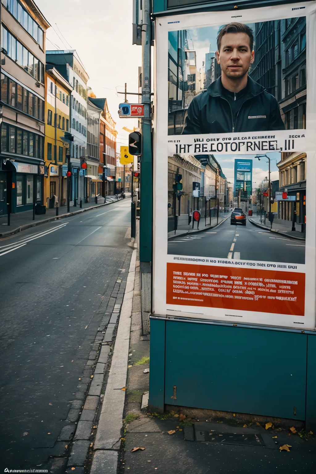 realistic photo, poster on the city street of finland, day time