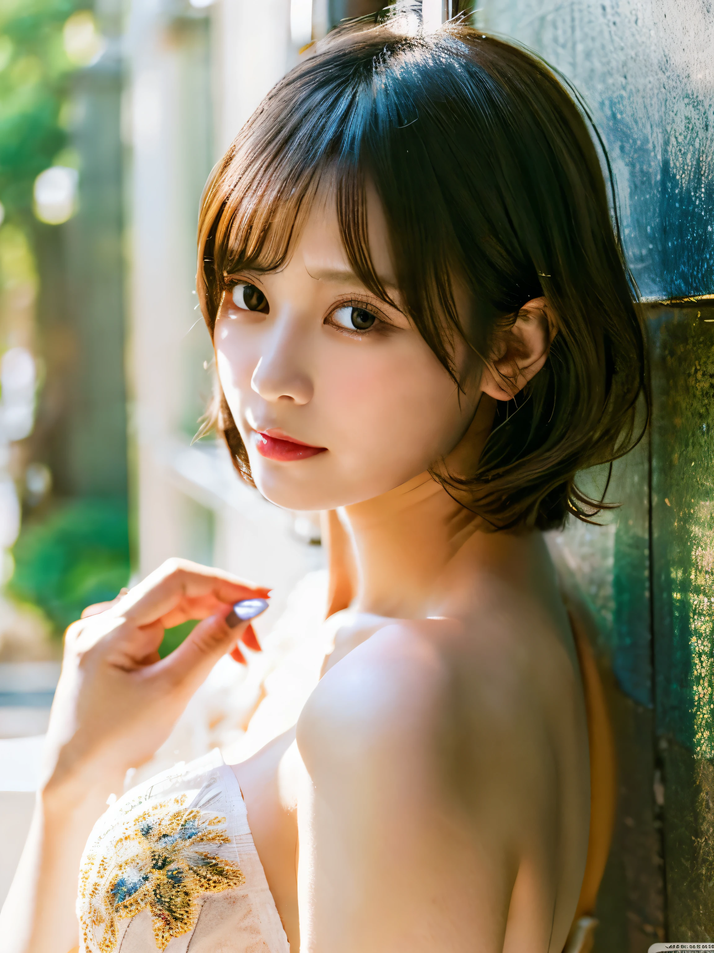 (highest quality, 32k, High resolution, masterpiece:1.5,), Haunting fantasy portrait in abstract style, ((In a swirl of fantastic colors and soft light)), Evoking a sense of soothing tranquility and elusive beauty, Award-winning masterpiece with amazing details, cute japanese woman, 24 years old, perfect human anatomy, big magical eyes, gentle smile, ((Shiny detailed brown hair)), Long straight hair tousled by the wind, Beautiful asymmetrical bangs, hair between eyes, smooth and soft skin, thin eyebrows, clear double eyelids, Attractive pink lips, ((naked, Wrap your body in a transparent silk cloth)), High resolution perfect collarbone, High resolution beautiful bust, Slender body with plump breasts, ((sparkling light effects:1.3)), summer blue sea, The blue, sparkling water surface reflecting light, bright sunshine, professional lighting, professional photographer, Professional models,mysterious