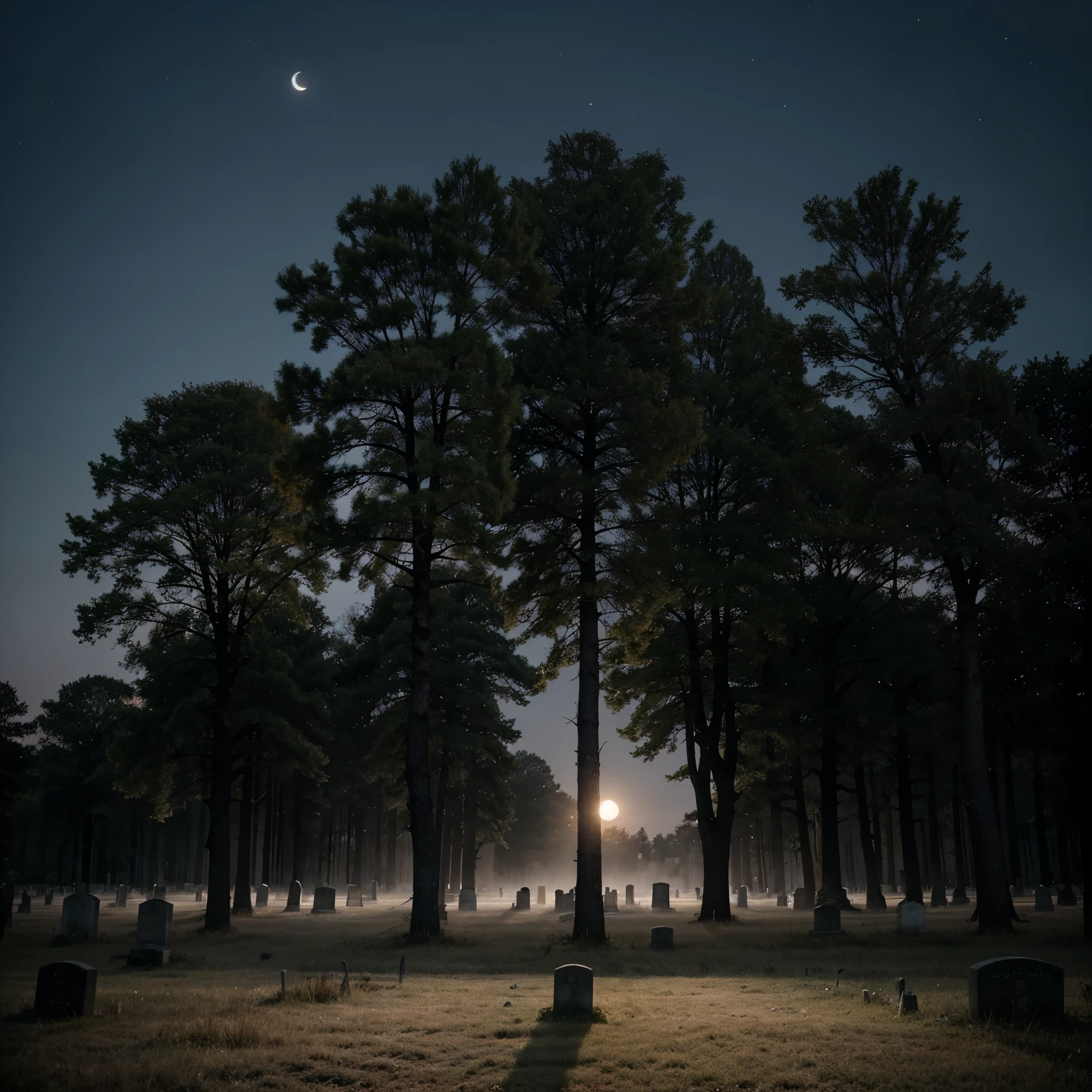 Create an image of an old cemetery in Sweden at night, in the fall. The cemetery is surrounded by a thick fog, and the only light comes from the moon and the stars. The trees are bare, and the air is cold and crisp. The tombstones are old and weathered, and the names of the dead are barely legible. The only sound is the hooting of an owl in the distance.