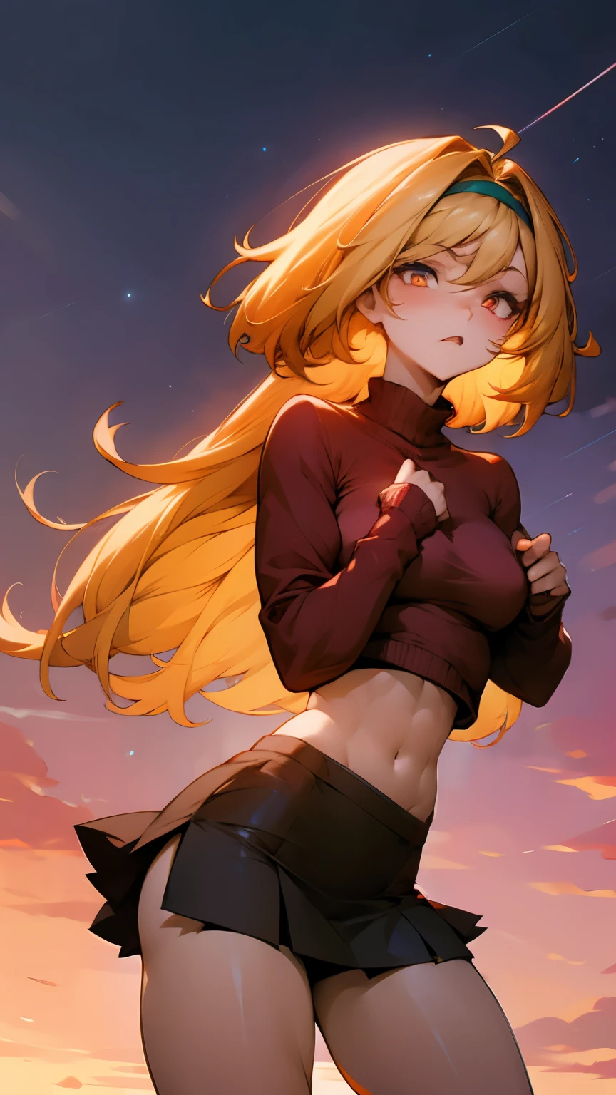 Anime girl, 1 anime girl, golden hair, golden eyes, golden pupils, glowing eyes, thick hair, blown by the wind, crop top, mini skirt, blush, sunlight, starlight, night, street city landscape, white skin, wear plain sweater, beautiful, Embarrassed pose