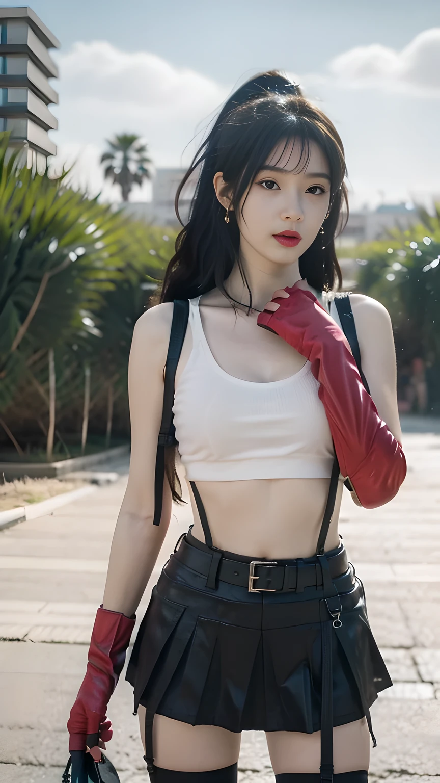 best quality, masterpiece, 1 girl, perfect beautiful face, (photo photo:1.3), edge lighting, photography lighting, (high detail skin:1.2), 8k ultra hd, DSLR, high quality, high resolution, white skin, detailed textured skin, half body in frame, sexy posing, poker face, perfect propotion face, symetric face, eye level shot, 4k, 8k, bokeh, absurd, best ratio four fingers and one thumb, (realistic:1.3), beautiful detailed girl, cute 1girl, dark brown hair, long hair, ponytail, bangs, volume hairs, collosal-breast, full looking breast, projecting breast, slim waist, slender, small thighs, perfectly proportion, gloves,fingerless gloves,breasts,suspenders,thighhighs,crop top,spaghetti strap tank top,skirt,black thighhighs, skirt,black skirt,earrings,jewelry,midriff,white tank top,black gloves, boots,underwear,panties,miniskirt,belt,white panties, beautiful outdoor background, detailed background, trees, clouds