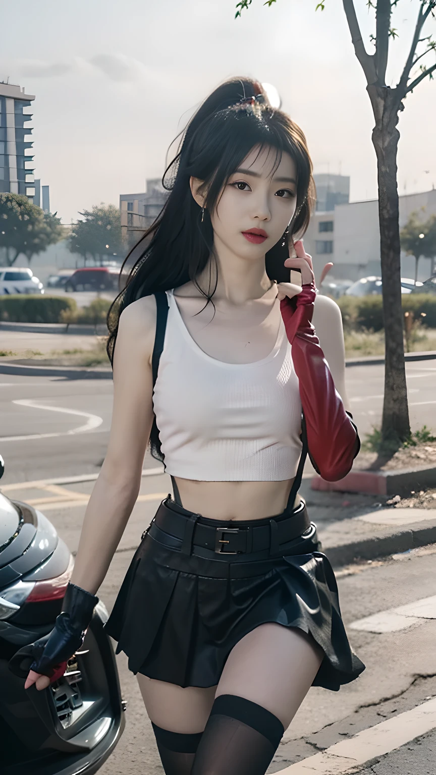 best quality, masterpiece, 1 girl, perfect beautiful face, (photo photo:1.3), edge lighting, photography lighting, (high detail skin:1.2), 8k ultra hd, DSLR, high quality, high resolution, white skin, detailed textured skin, half body in frame, sexy posing, poker face, perfect propotion face, symetric face, eye level shot, 4k, 8k, bokeh, absurd, best ratio four fingers and one thumb, (realistic:1.3), beautiful detailed girl, cute 1girl, dark brown hair, long hair, ponytail, bangs, volume hairs, collosal-breast, full looking breast, projecting breast, slim waist, slender, small thighs, perfectly proportion, gloves,fingerless gloves,breasts,suspenders,thighhighs,crop top,spaghetti strap tank top,skirt,black thighhighs, skirt,black skirt,earrings,jewelry,midriff,white tank top,black gloves, boots,underwear,panties,miniskirt,belt,white panties, beautiful outdoor background, detailed background, trees, clouds
