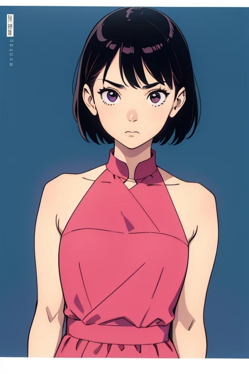 Comic, Masterpiece, outline, A high resolution, half tone, Upper body, A girl, Solo, (looking toward the viewer:1.1), Simple background, Borderless panel, symetry, Katsuhiro Otomo art style, a pink dress, bare shoulders.