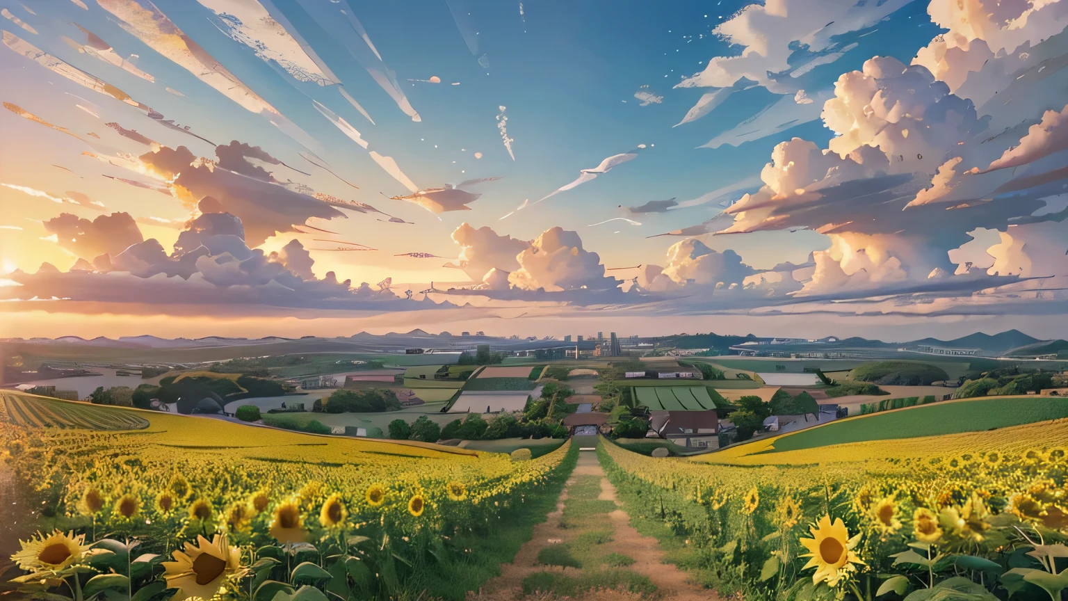 ultra high resolution、super high quality、highest quality、very detailed、overwhelmingly beautiful、super masterpiece、summer、Sunny、evening、sunrise、sunflower field、beautiful blue sky、anime countryside landscape、Japan、Anime background art、Anime scenery wallpapers、anime movie background、Anime background art、makoto shinkai'background painting、Scenery of Shinkai Castle、ジブリbackground painting、Ghibli Anime Background