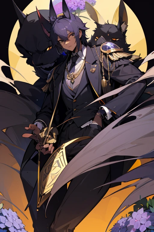 cartoon, man, boy, anubis species, scarab beetle, scarab antennas, wings, kemonomimi, (highest picture quality), masterpiece, best quality, extremely detailed CG wallpaper, ultra_detailed, black eyes, 1man, solo, tall, short_uncommon_hairstyle, masterpiece, best quality, black and purple, suit, grey skin color, hydrangea,