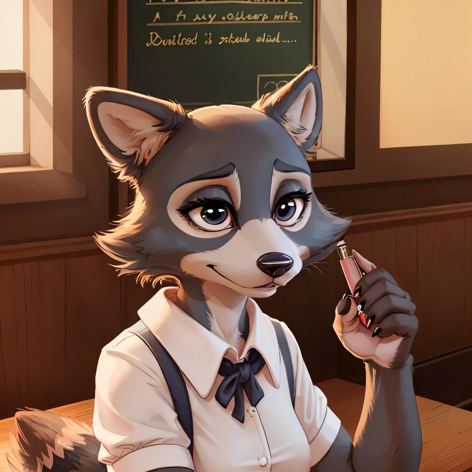 The female raccoon in the Beastars universe exudes a playful and mischievous beauty. With sleek fur in a mix of grays and blacks, she captivates with her distinctive raccoon markings. Wearing the Cherryton Academy boy's uniform, she confidently challenges gender norms, adding a touch of sophistication to her playful style. With agile movements and bright, curious eyes, she leaves a lasting impression of her spirited and charming presence in the Cherryton Academy.