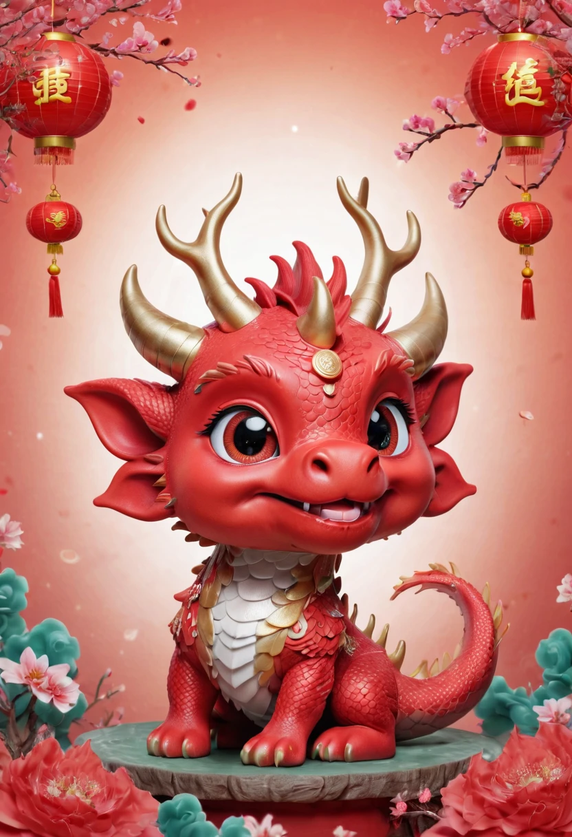 Chinese dragon，Q version，Cute little dragon，Red space，festive atmosphere，Spring Festival，Lovely antlers，Chinese elements，Cartoon，Cute pet，Lively