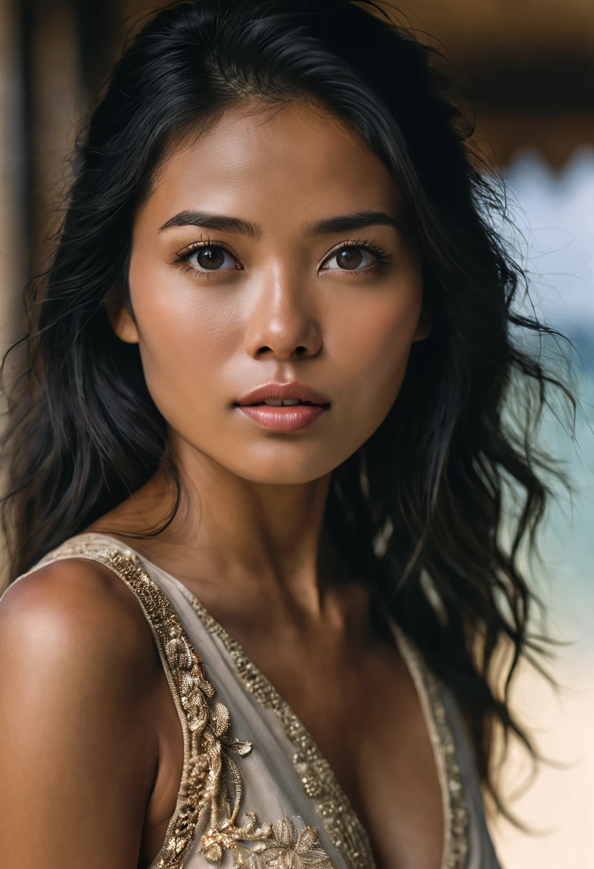 An exquisite portrayal of a full body 25 year old filipina woman, captured in a realistic photograph that reverberates with her unique grace. The photograph encapsulates the essence of an 25-year-old girl, radiating confidence as she is naked with beautifull brown skin. A striking twist to her appearance is her vibrant black hair, a testament to her individuality and artistic flair. The setting is a serene beach, where the golden sand meets the gentle waves, providing a backdrop that echoes her natural beauty. The image focuses solely on her, allowing her charm to take center stage. Presented in an immensely detailed CG unity 8k wallpaper format, this photograph delivers an unrivaled visual experience that meticulously captures every facet of her existence. A photograph like this is not just an image; it's a testament to the fusion of art and life. Crafted by the gifted Steve McCurry, a maestro of his craft, this professional and majestic portrait encapsulates the subject's essence in a manner synonymous with McCurry's name. Captured with an 8k UHD DSLR, the soft lighting elevates her features while a delicate film grain effect adds an air of timeless authenticity. The Fujifilm XT3 lens, set at f/5.6, ensures sharp focus and high detail, beautifully highlighting the contours and shades that define her unique beauty. The image carries a dramatic undertone, captured from a perspective that invites the viewer to connect with her on a deeper level. Her gaze, directed at the viewer, resonates with a weight of 1.2, forging an engaging and personal connection. The detailed pupils are magnified to 1.3, lending a mesmerizing depth to her expressive eyes. The use of natural light imparts a warm and genuine atmosphere, capturing the true essence of her radiance.