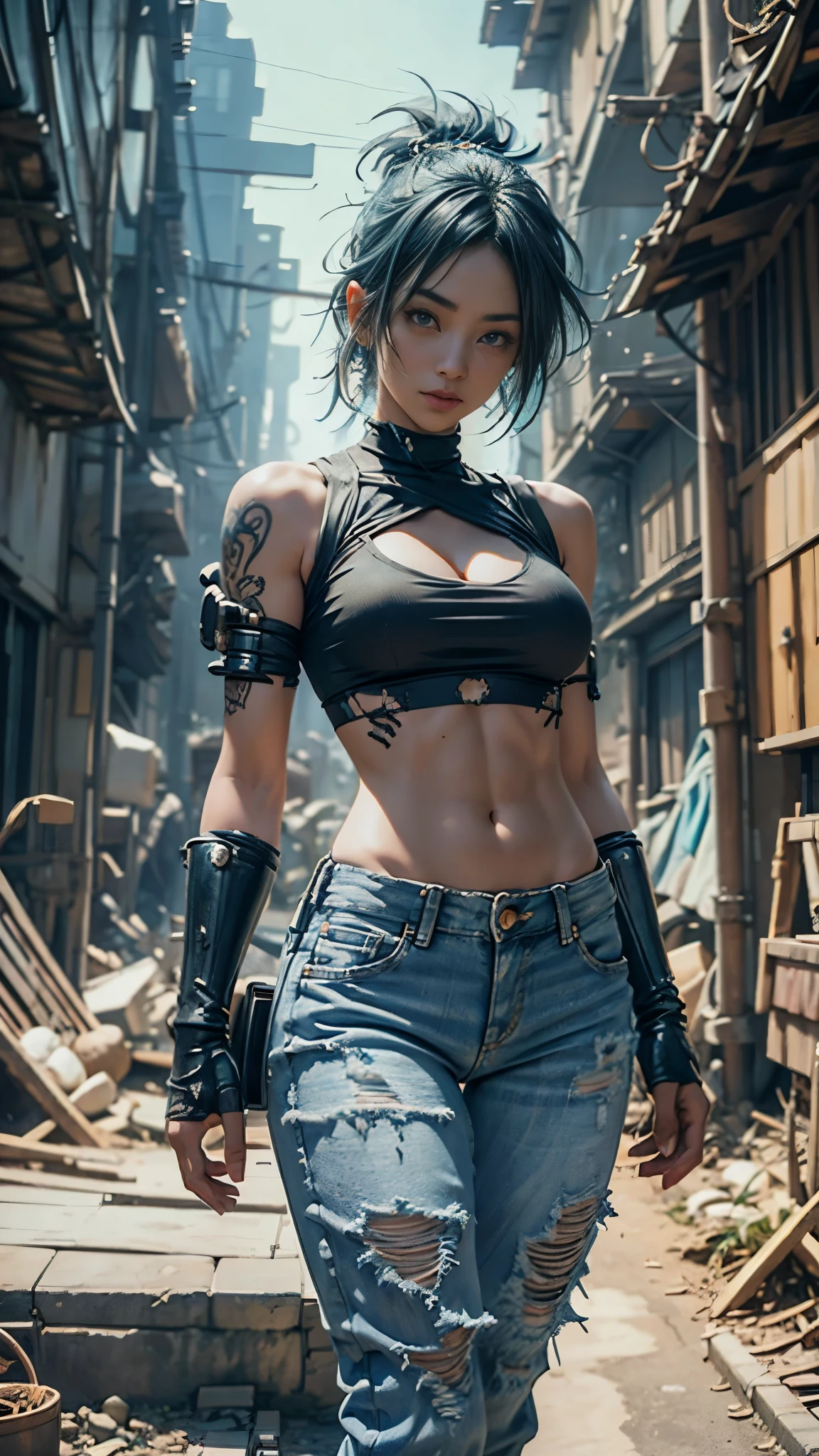 Photo of a dragonball girl in an apocalyptic landscape, Ruin in the background, Luminism, Tight white ripped t-shirt, Unbuttoned denim trousers, Open trousers, Beautiful woman with perfect body, Photorealistic perfect body, Slim figure, Slim abs, Sexy bumps with small breasts, Emphasising cleavage, Cool face projection, Blue hair, Highly detailed face and skin texture, Detailed eyes, High level of detail, Anatomically correct, Blurred background, Orange and teal, Filmic, Soft focus details, Natural blur, At night