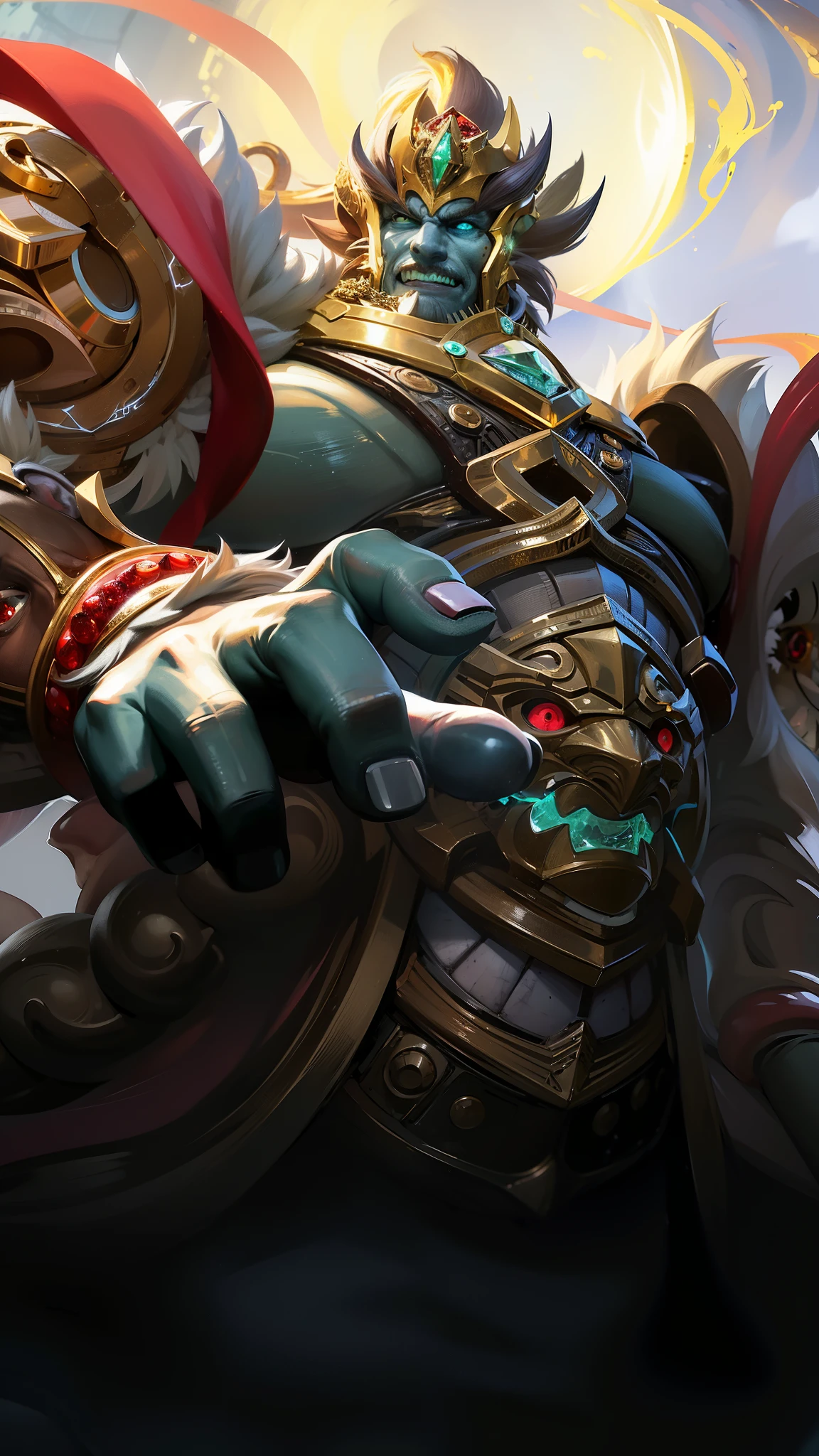 masculine male, masterpiece, ((perfect eyes)) best quality, (semirealism:1.9), beautiful lighting, (extremely detailed CG unity 4k fhd wallpaper), High Detail, Sharp focus, dramatic outdoors,40 years old, brown short hair, blue eyes, smile, Boy with two big horns, big earrings on ears, elf ear, red eyes, Thick eyebrows, evil smile, grinning,red body, red face, Burning skin, yellow diamonds glistening on chest, burning red skin,golden robe behind, big white belt , 8k , realistic, scary.