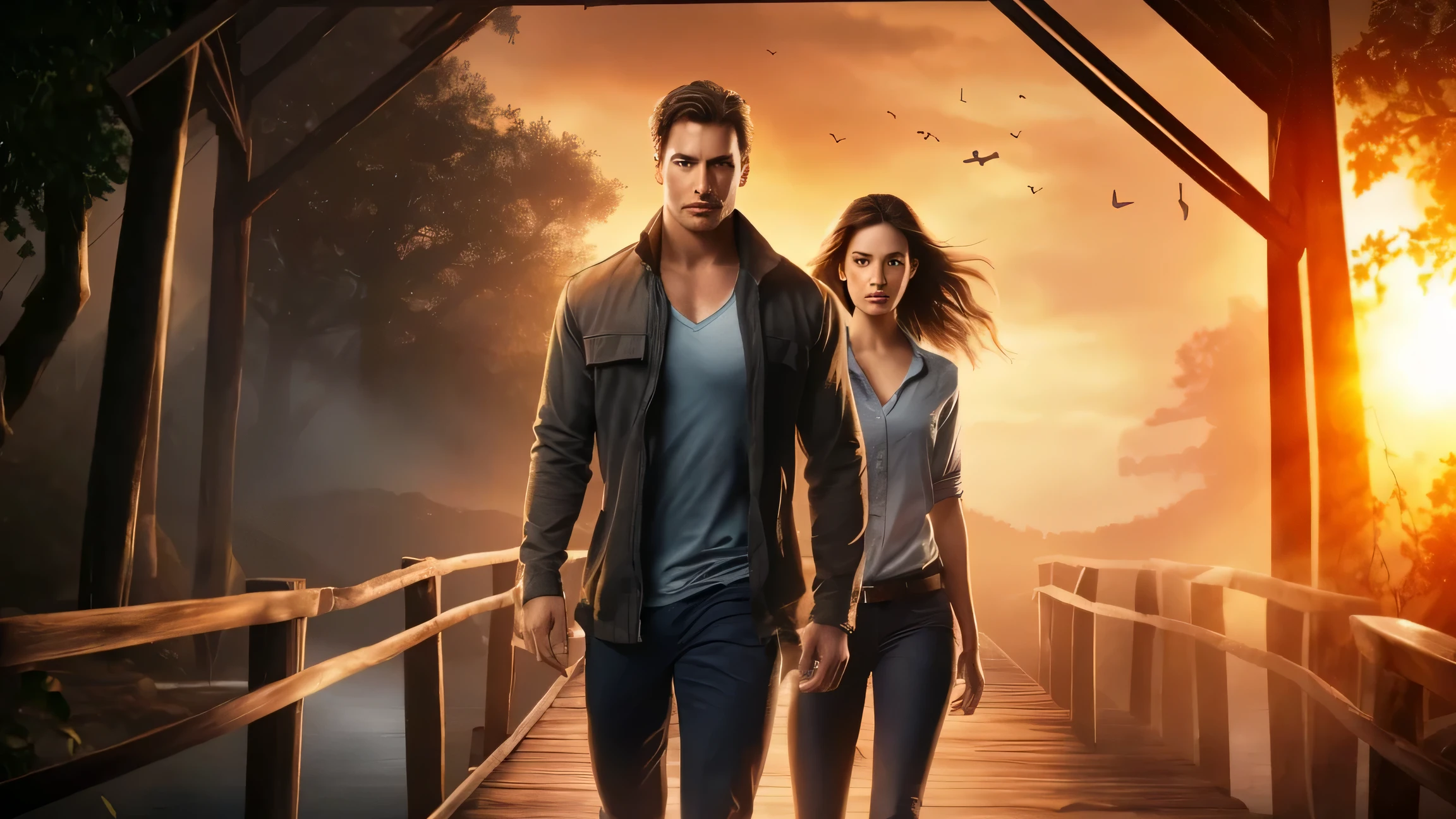 a couple walking across a bridge at sunset with a bird flying overhead, promotional art, game key art, key art, promotional image, movie promotional image, charlie bowater and mark brooks, cover game art, promotional render, promo image, environmental key art, romance novel cover, textless, background artwork, by Harrington Mann, official artwork hdr