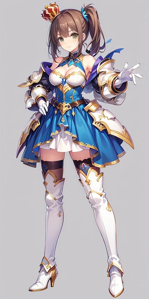 ((masterpiece:1.2)), ((highest quality)),((three-sided view, front view, side view, back view, multiple views, multiple poses and expressions, many parts)), concept art, character concept art, character sheet, (masterpiece), best quality, 1girl, solo, a girl in armor and a crown,white armor, golden decoration, off-shoulder, breasts, thighhighs, long hair, brown hair, (((side ponytail))), green eyes, boots, cleavage, bare shoulders, zettai ryouiki, crown, gloves, armor, simple background, white gloves, biue dress, high heels, shoulder armor, medium breasts, thigh boots