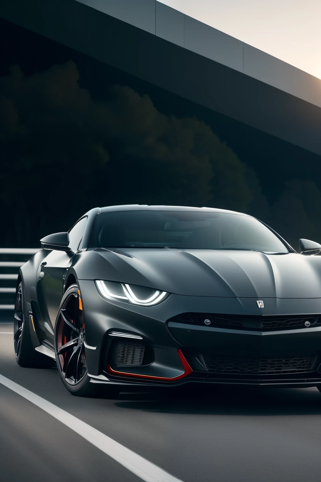 Photo of an elegant new sports car, sleek and shiny, suggested powerful presence, ((Exterior:1.5)), ((Detailed body design:1.1)), ((Rich colors: High contrast), reflecting in the sun combination of metallic and matte finishing, parked on the side of a scenic highway, ((Refined interior:1.2)), leather seats, dashboard, and steering wheel, ((Engine:1.3)) roaring engine sound, photographed with Canon EOS R6, 24-70mm Lens, F/4.0, crisp and clear, (4K) (Wallpaper) (Realistic lighting) (High-definition image) (