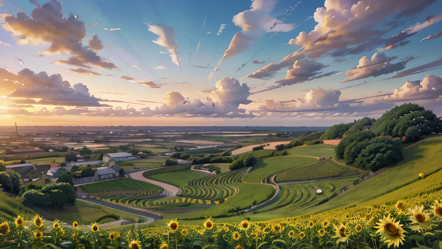 ultra high resolution、super high quality、highest quality、very detailed、overwhelmingly beautiful、healing、super masterpiece、summer、Sunny、evening、sunrise、sunflower field、beautiful blue sky、rural scenery、Japan、Anime background art、Anime scenery wallpapers、anime movie background、Anime background art、makoto shinkai'background painting、Scenery of Shinkai Castle、ジブリbackground painting、Ghibli Anime Background