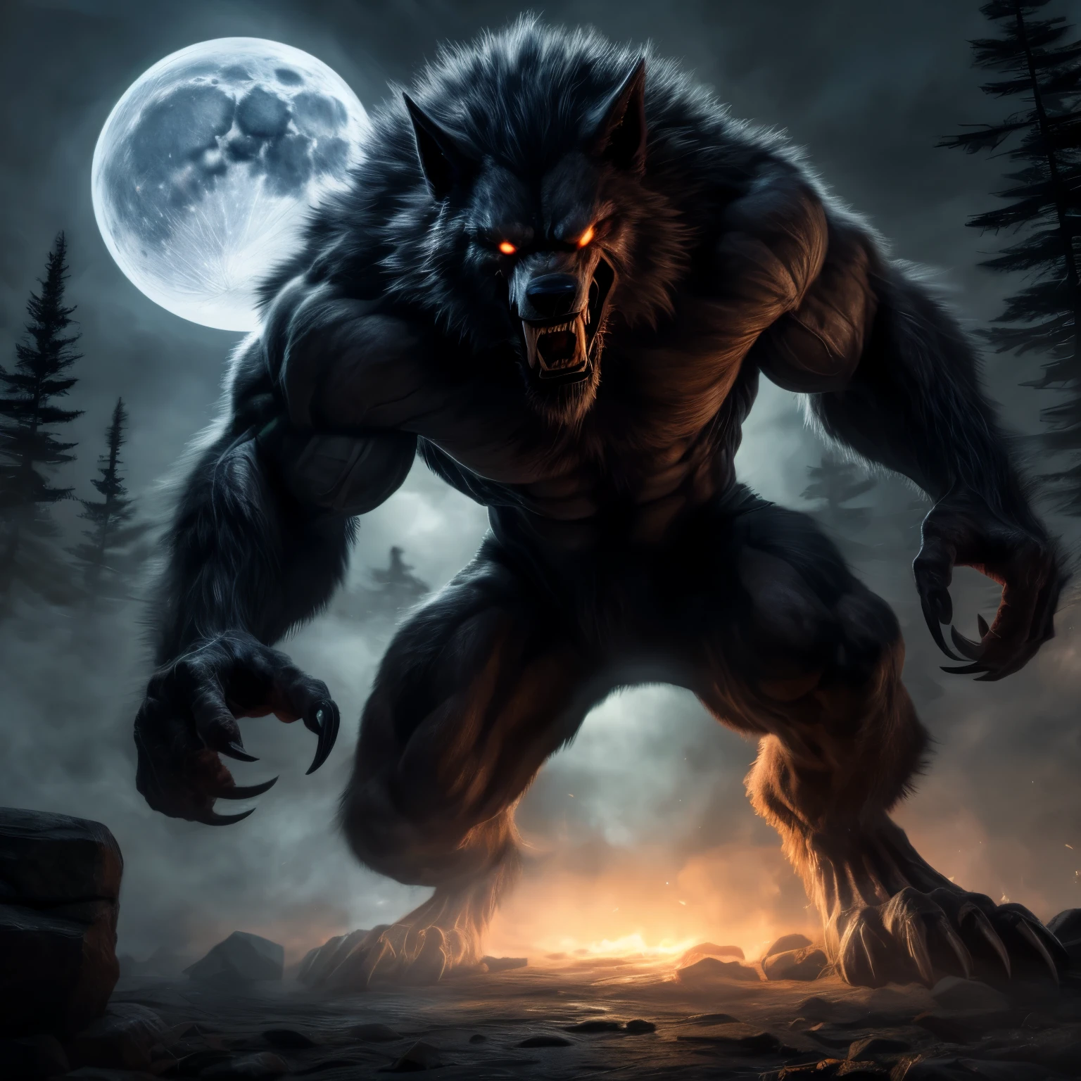 (best quality,4k,8k,highres,masterpiece:1.2),ultra-detailed,(realistic,photorealistic,photo-realistic:1.37),fierce,aggressive,terrifying,menacing,angry naked werewolf on his knees,sharp claws,ripped muscles,intense gaze,howling at the moon,fierce facial expression,moonlit forest background,ominous atmosphere,dark and dramatic lighting,leathery skin,wiry hair,threatening posture,ominous shadows,steaming breath,vivid colors,wilderness setting,werewolf transformation details,snarling mouth and sharp fangs,ferocious predator,alpha male dominance,animalistic instincts,heavy breathing,full moon shining brightly,heaving chest,embodying raw power,energetic brushstrokes,expressive gestures,striking visual impact,horror genre elements,immersive experience,nightmarish landscape,spooky ambiance.