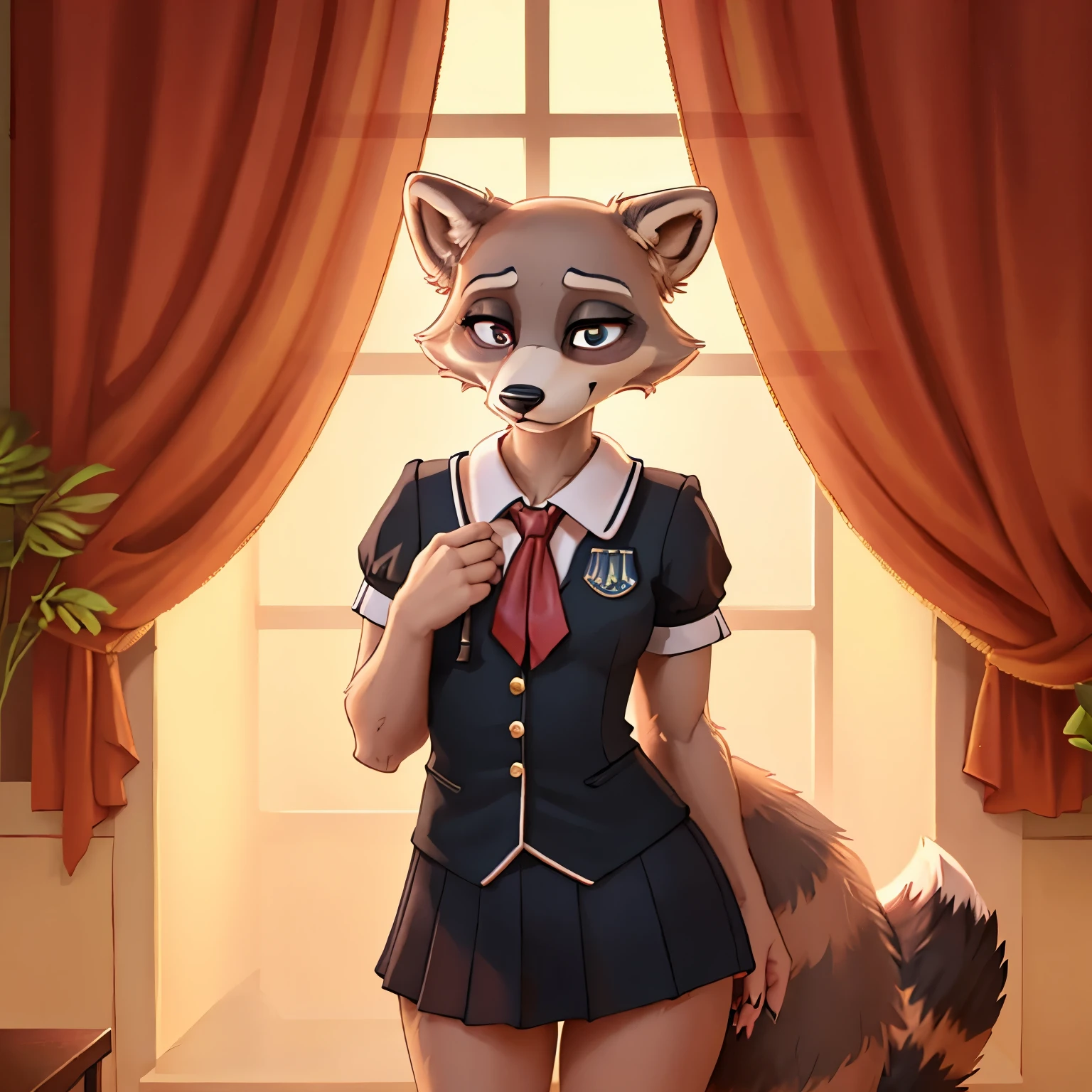 The female raccoon in the Beastars universe exudes a playful and mischievous beauty. With sleek fur in a mix of grays and blacks, she captivates with her distinctive raccoon markings. Wearing the Cherryton Academy boy's uniform, she confidently challenges gender norms, adding a touch of sophistication to her playful style. With agile movements and bright, curious eyes, she leaves a lasting impression of her spirited and charming presence in the Cherryton Academy.