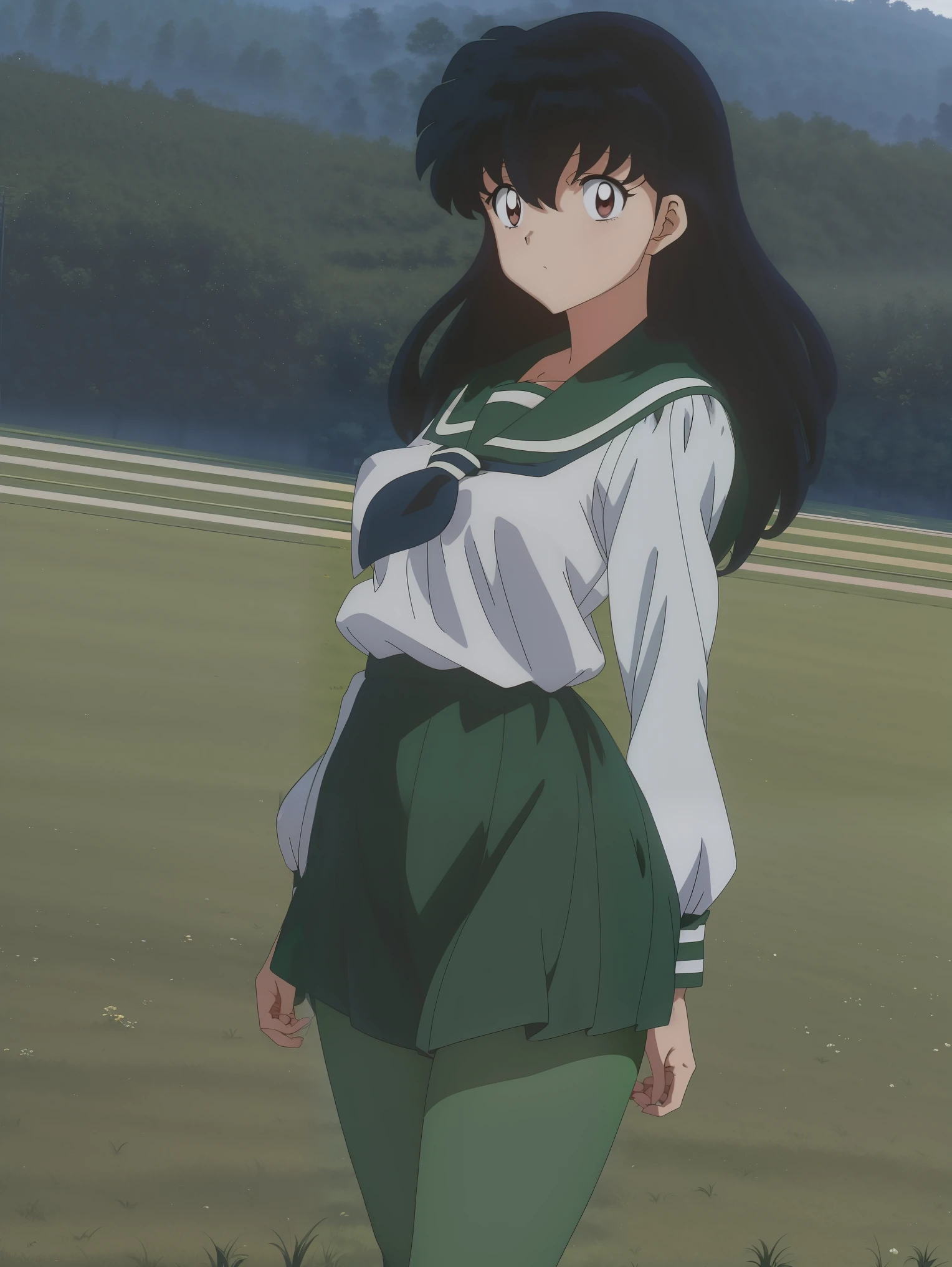 (Masterpiece: 1.6, Best Quality), (Fine Beautiful Eyes: 1.2), (best quality, masterpiece, highres), kagome higurashi, 1girl, solo, brown eyes ,green school uniform, soft thighs , long sleeves, white socks, scenery , Best Quality, ((anime)) ((Colored)) HD, ,Standing, Green skirt, Red scarf, long  hair, Black hair between the eyes, Thighs are soft, school background , green pantyhose