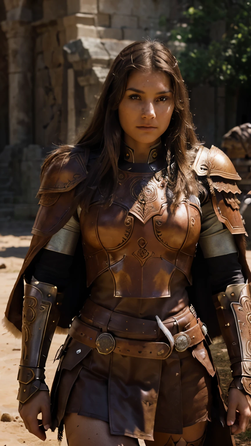 A portrait photo of beautiful girl, warrior girl, merciless face, fair skin and brown hair, brown eyes, developed body, wearing heavy warrior armors, iron colored armors, the armors is highly detailed engraved and embossed. Brown furry cape, ancient warrior army background, dusty environment, hyper realistic photo, medium shot, fantasy photo