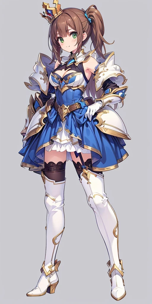 ((masterpiece:1.2)), ((highest quality)),((three-sided view, front view, side view, back view, multiple views, multiple poses and expressions, many parts)), concept art, character concept art, character sheet, (masterpiece), best quality, 1girl, solo, a girl in armor and a crown,white armor, golden decoration, off-shoulder, breasts, thighhighs, long hair, brown hair, sidetail, green eyes, armor boots, cleavage, bare shoulders, zettai ryouiki, crown, gloves, armor, simple background, white gloves, biue dress, high heels, shoulder armor, medium breasts