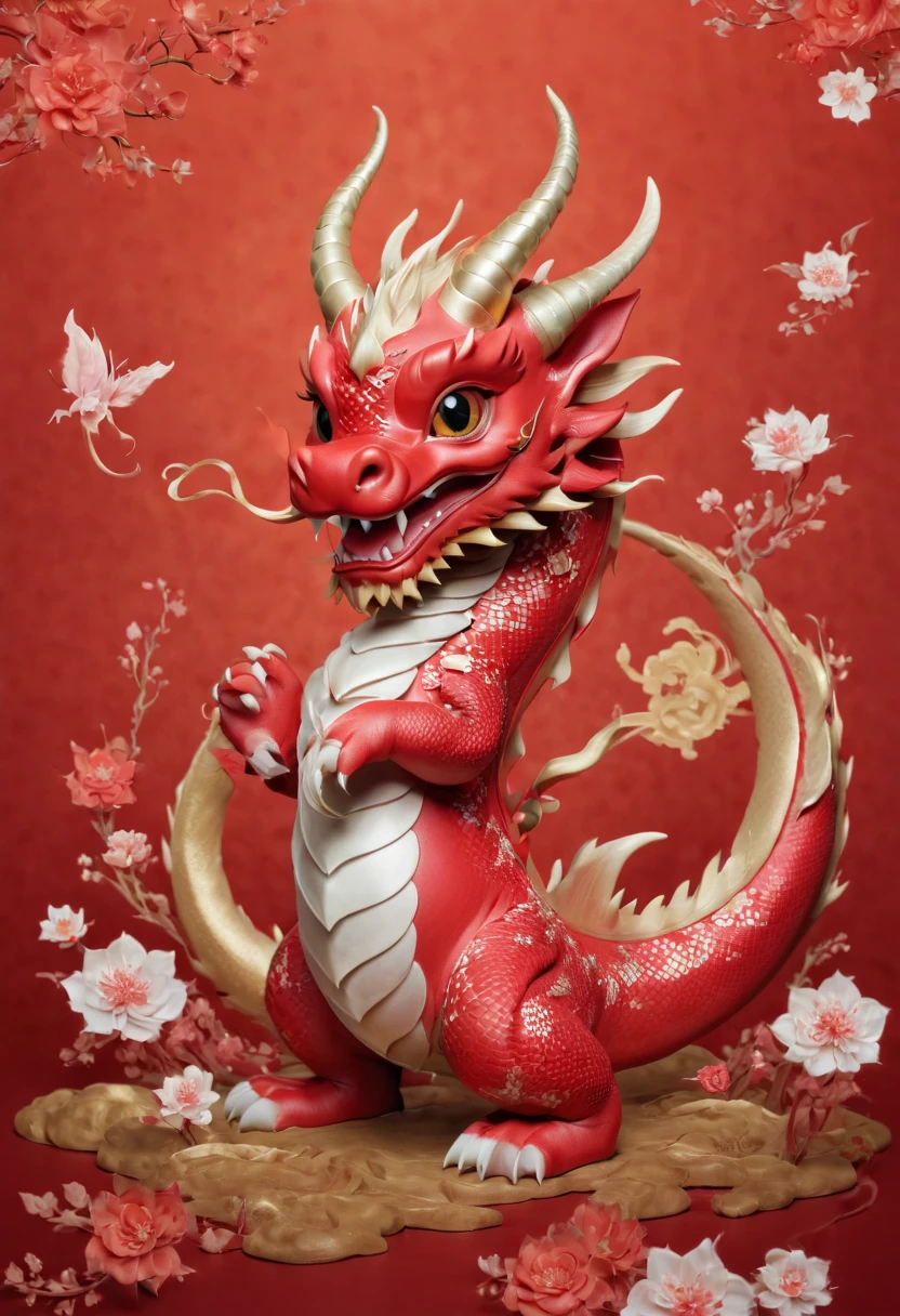 Chinese dragon，Q version，Cute little dragon，Red space，festive atmosphere，Spring Festival，Lovely antlers，Chinese elements，Cartoon，Cute pet，Lively