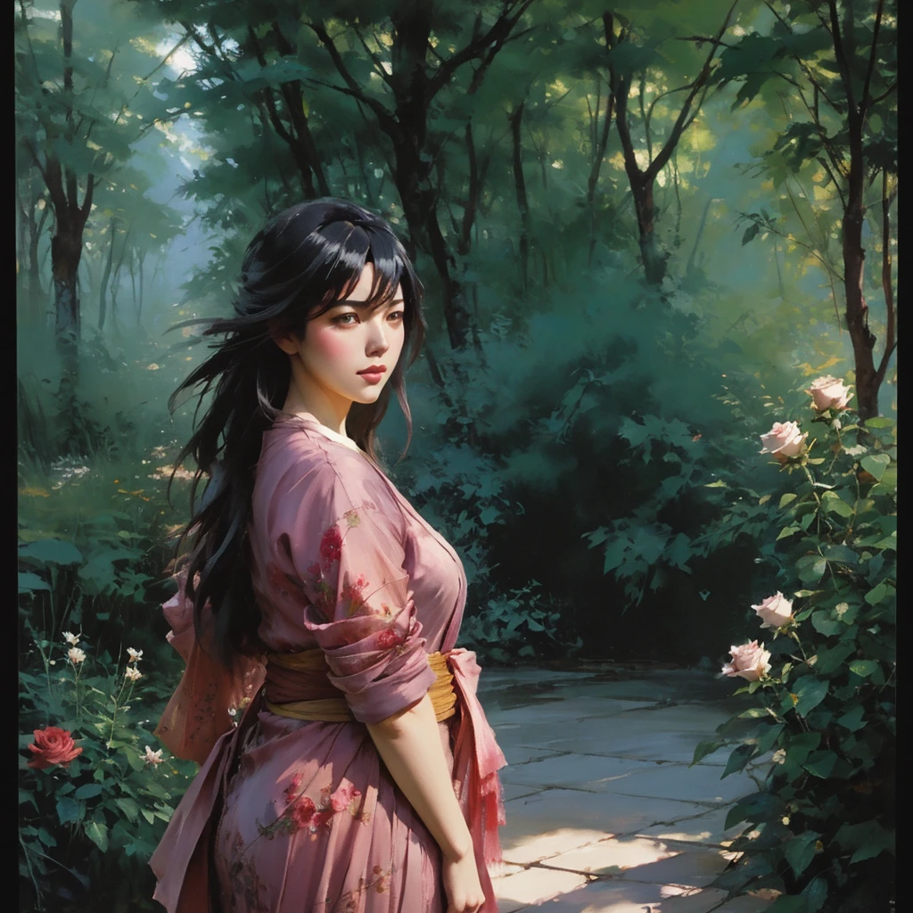 Carne Griffiths, Wadim Kashin, Monk, Pino Daeni, .pretty young woman in the rose garden with a rose in her hand. Perfect anatomy, warm tone. perfect composition, beautiful, detailed, intricate, octane rendering, 8K, soft natural light, chiaroscuro, masterpiece, golden ratio, faux details, pixiv trend fanbox, acrylic facade palette, Makoto shinkai studio ghibli impact style genshin james gilleard greg rutkowski chiho aoshima