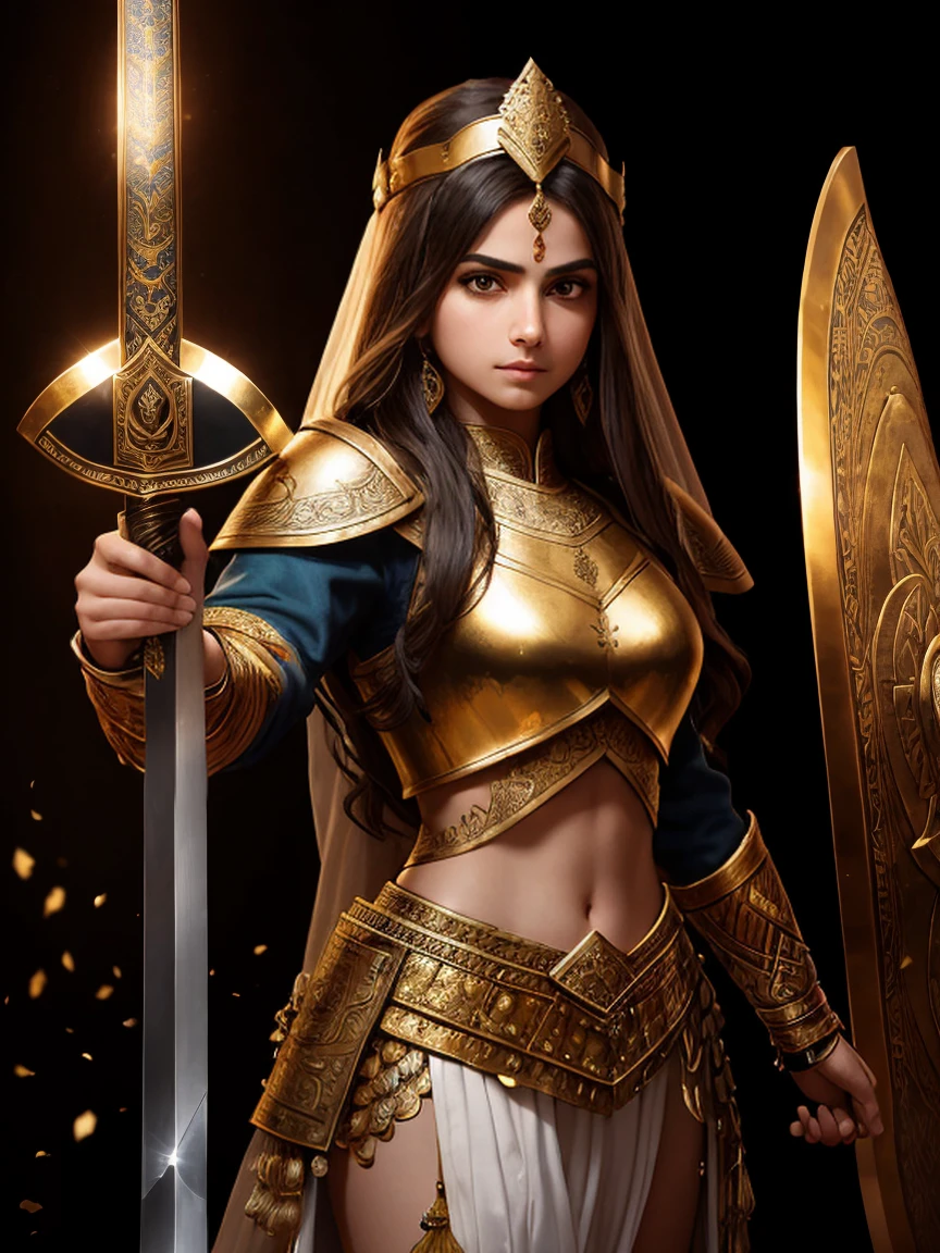 A Persian girl dressed in the authentic warriors' suit of her culture stands boldly with a ((shield)) in her left hand and a ((sword)) gracefully positioned in her right. The intricately designed armor, adorned with gold and jewels, shines under the soft, warm lighting, capturing the essence of Persian artistry. The girl's expression is determined and resolute, reflecting her warrior spirit. This high-definition, hyper-realistic image, full of depth and dimension, is a masterpiece worthy of the top-quality, official art category. 8K, HDR.