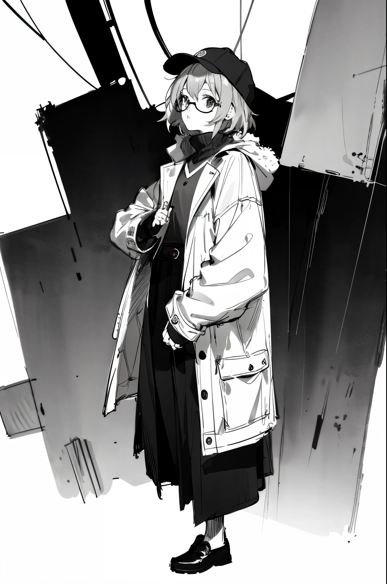 Mirai Kuriyama wearing a coat and a cap hiding her face with her hands, ((empty background)), winter, VHS, vintage, red glasses, manga style, white background, ((monochrome)), far away shot, (sketch), long sleeves, 1girl, looking up, casual clothes, full body