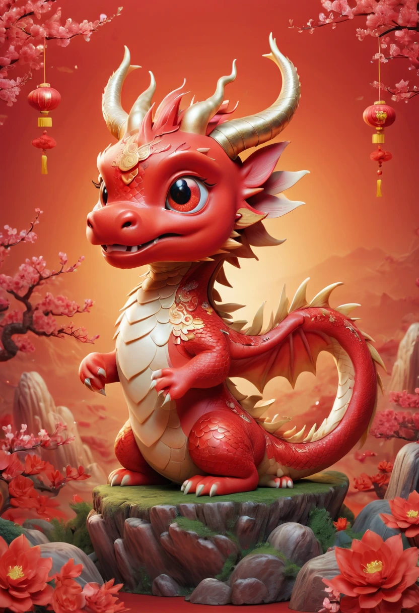 Chinese dragon，Q version，Cute little dragon，Red space，festive atmosphere，Spring Festival，Lovely antlers，Chinese elements，Cartoon，Cute pet，Lively