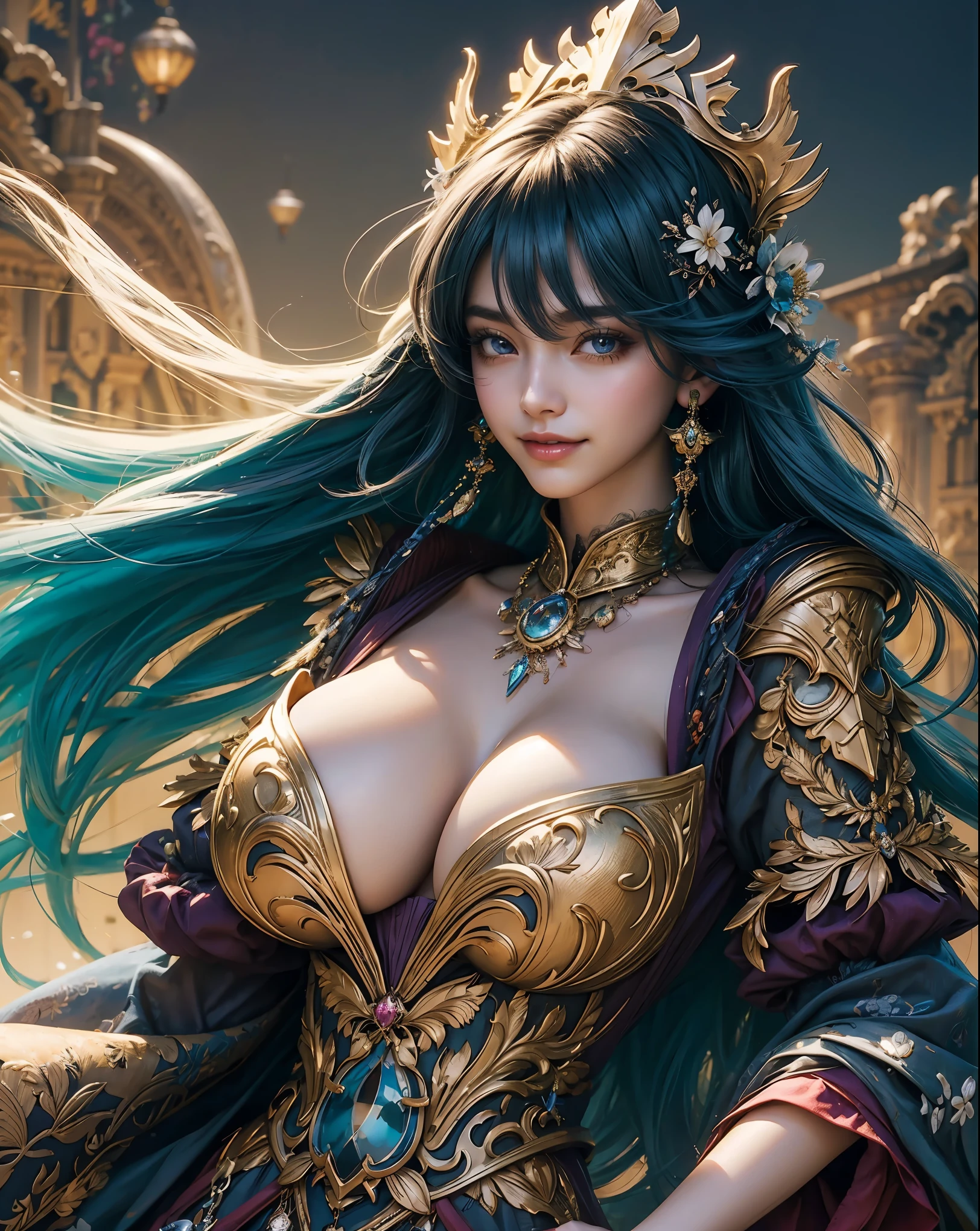 (Background::a picture of a castle on top of a hill, high fantasy castle, intricate fantasy painting, hd anime cityscape, anime fantasy artwork, fantasy capital city, beautiful detailed fantasy, detailed key anime art, detailed anime art, from arknights, detailed city background, fantasy city, range murata yoshitaka amano, fantasy architecture, medeival fantasy town) a woman with long hair wearing a colorful top, sfw huge breasts, trending on bbwchan, hyper realistic background, buxom, big breasts!!, big breasts, big breasts!,really large bust, big bust, covered sfw huge breasts, skintight rainbow body suit, bubbles, realistic proportions sfw, popular on instagram, the wind moves her shirt , smiley face, cleavage, smile on face