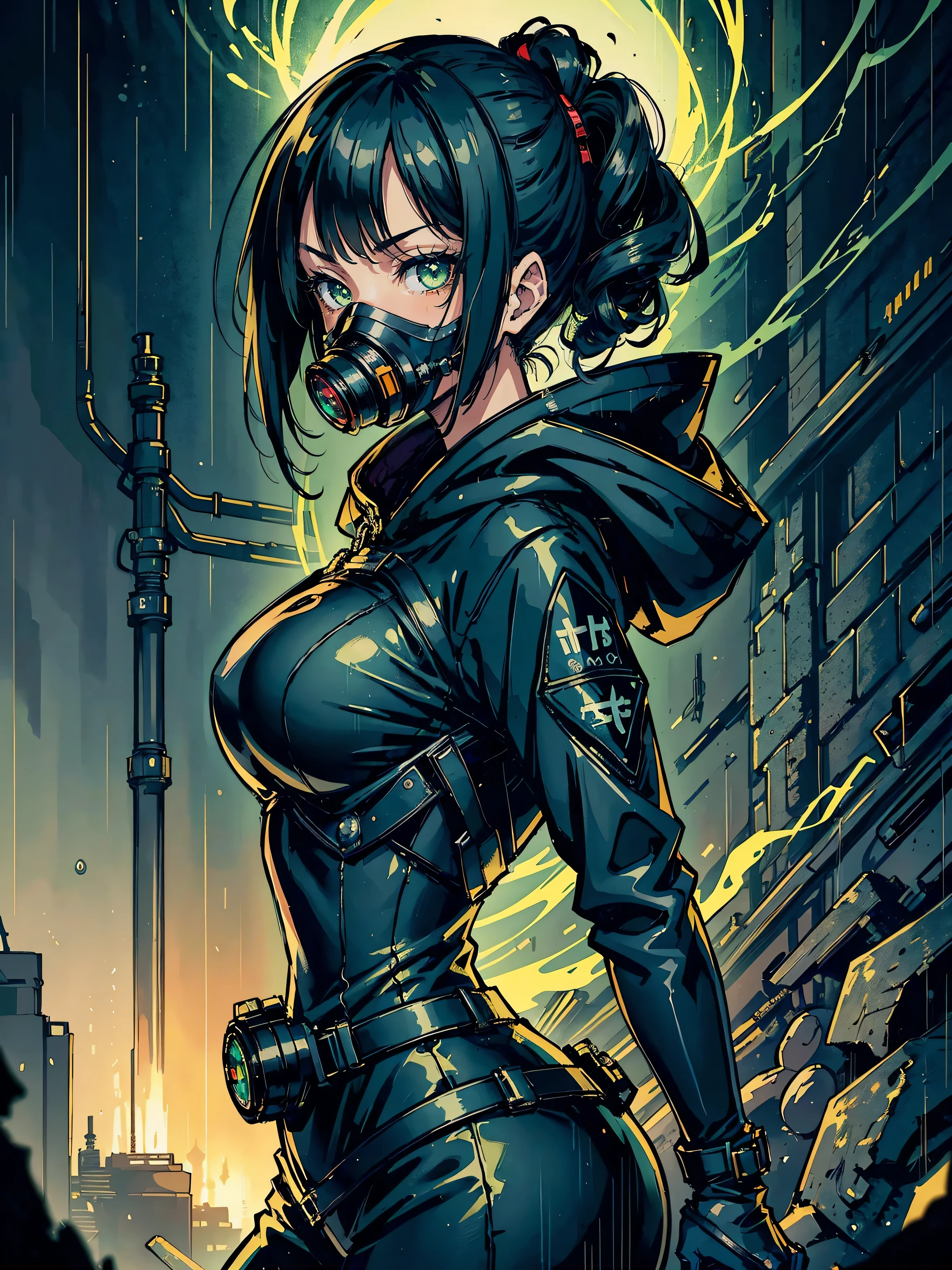 kk, best quality, more details, masterpiece, 1 anime woman,sci fi gas mask, portrait, female focus. black  jacket, green eyes, solo, look at viewer, hood,  rain, tokyo tokyo \(city\), hood, black hair, luxurious, 8k, detailed, ray tracing, depth of field, cinematic lighting,