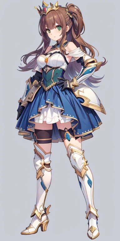 ((masterpiece:1.2)), ((highest quality)),((three-sided view, front view, side view, back view, multiple views, multiple poses and expressions, many parts)), concept art, character concept art, character sheet, (masterpiece), best quality, 1girl, solo, a girl in armor and a crown,white armor, golden decoration, off-shoulder, breasts, thighhighs, long hair, brown hair, sidetail, green eyes, armored legs, cleavage, bare shoulders, zettai ryouiki, crown, gloves, armor, simple background, white gloves, biue dress, high heels, shoulder armor, medium breasts